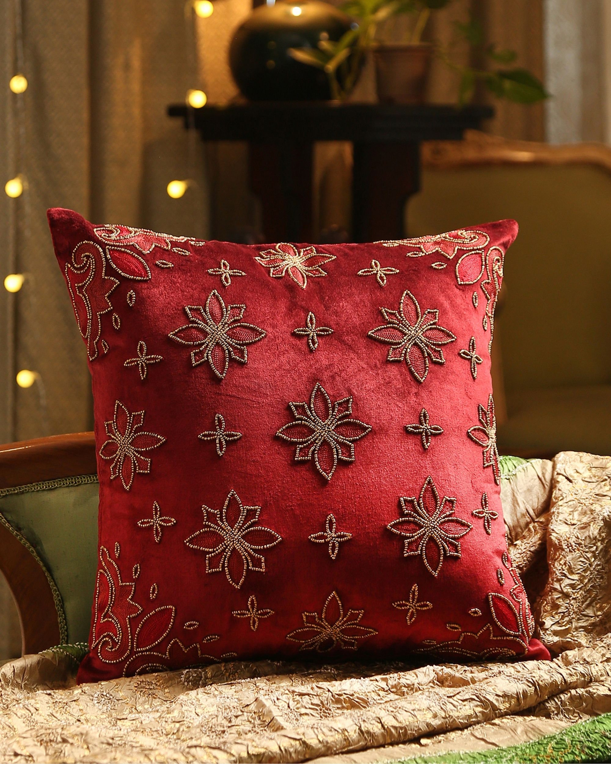 Burgundy embroidered hand beaded cushion cover by Amoliconcepts | The