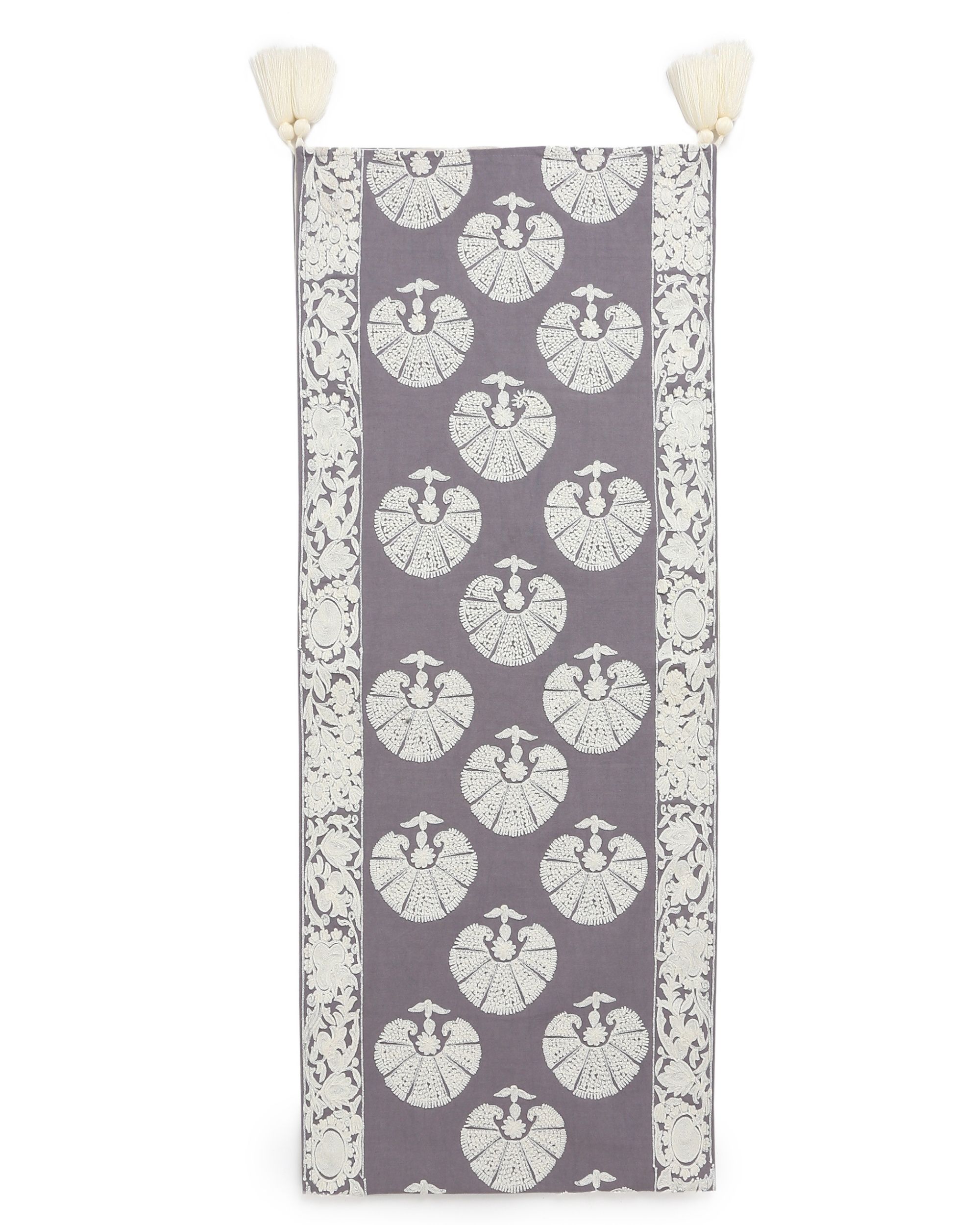 Grey and white floral embroidered table runner by Amoliconcepts The