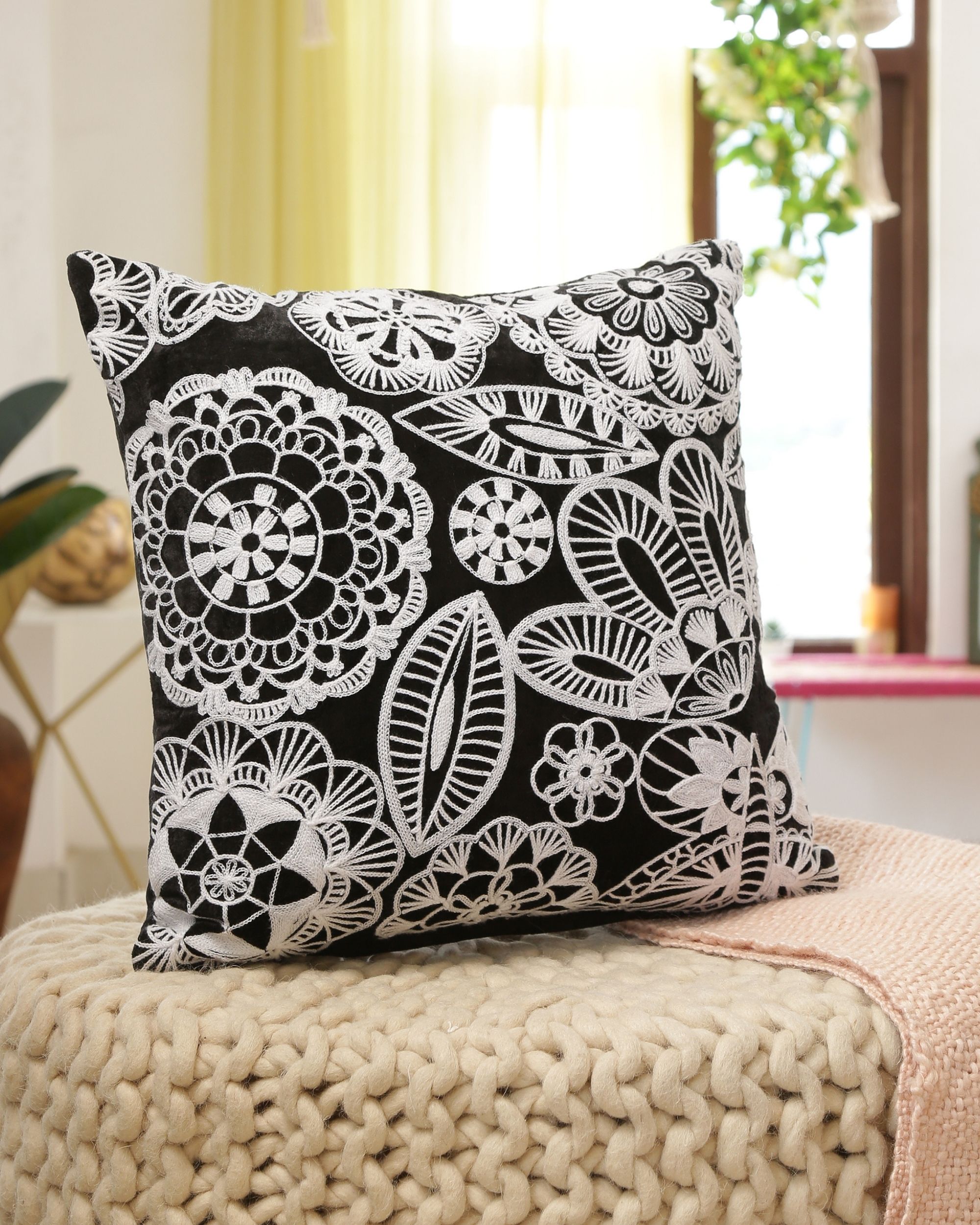 Intricate floral embroidered viscose velvet cushion cover by
