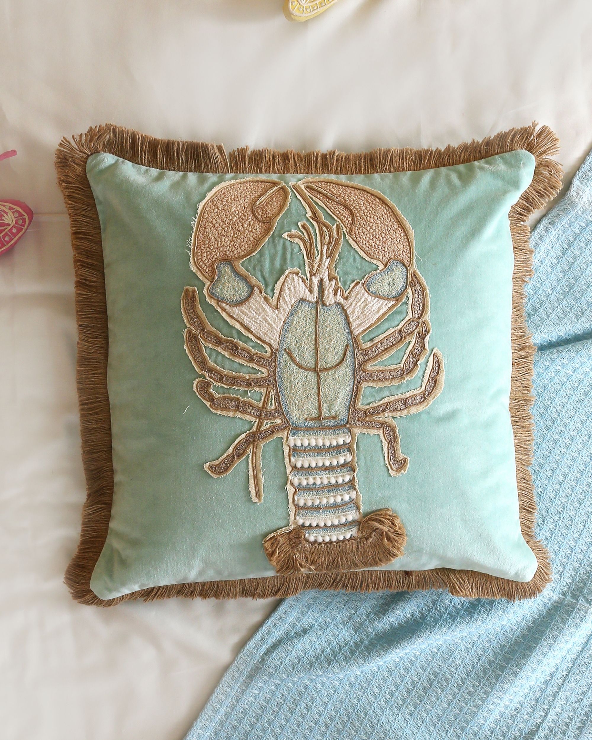 Ocean blue scorpion embroidered cushion cover by Amoliconcepts The