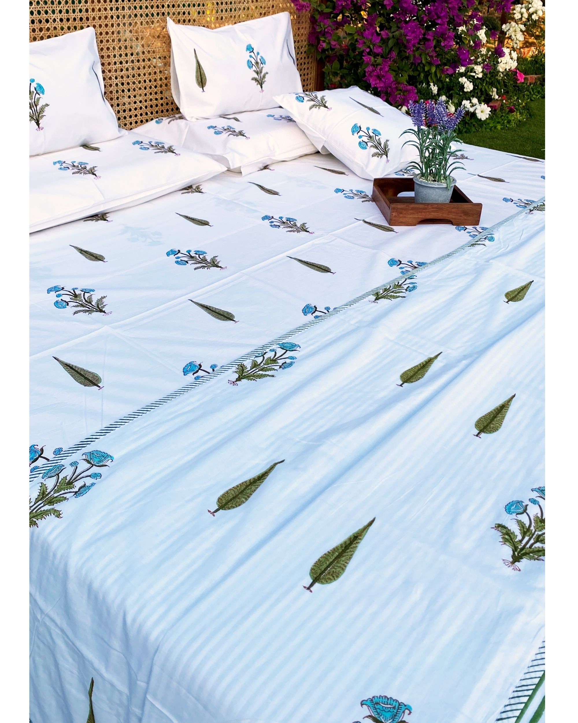 Blue cypress bed sheet with 2 pillow covers set of three by Avaasya