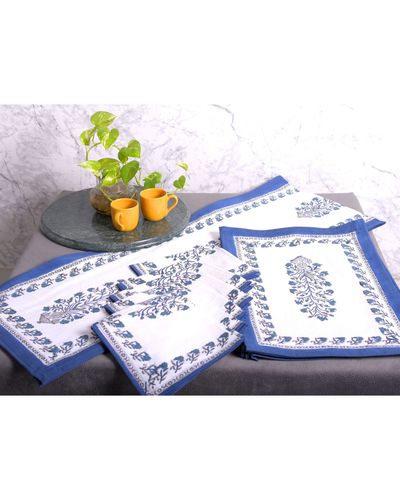 Indian Floral Hand Block Printed Set wave scallop Mats Table Linens floral 4 Napkins and 2 Cotton Table quilted wave piped Placemats