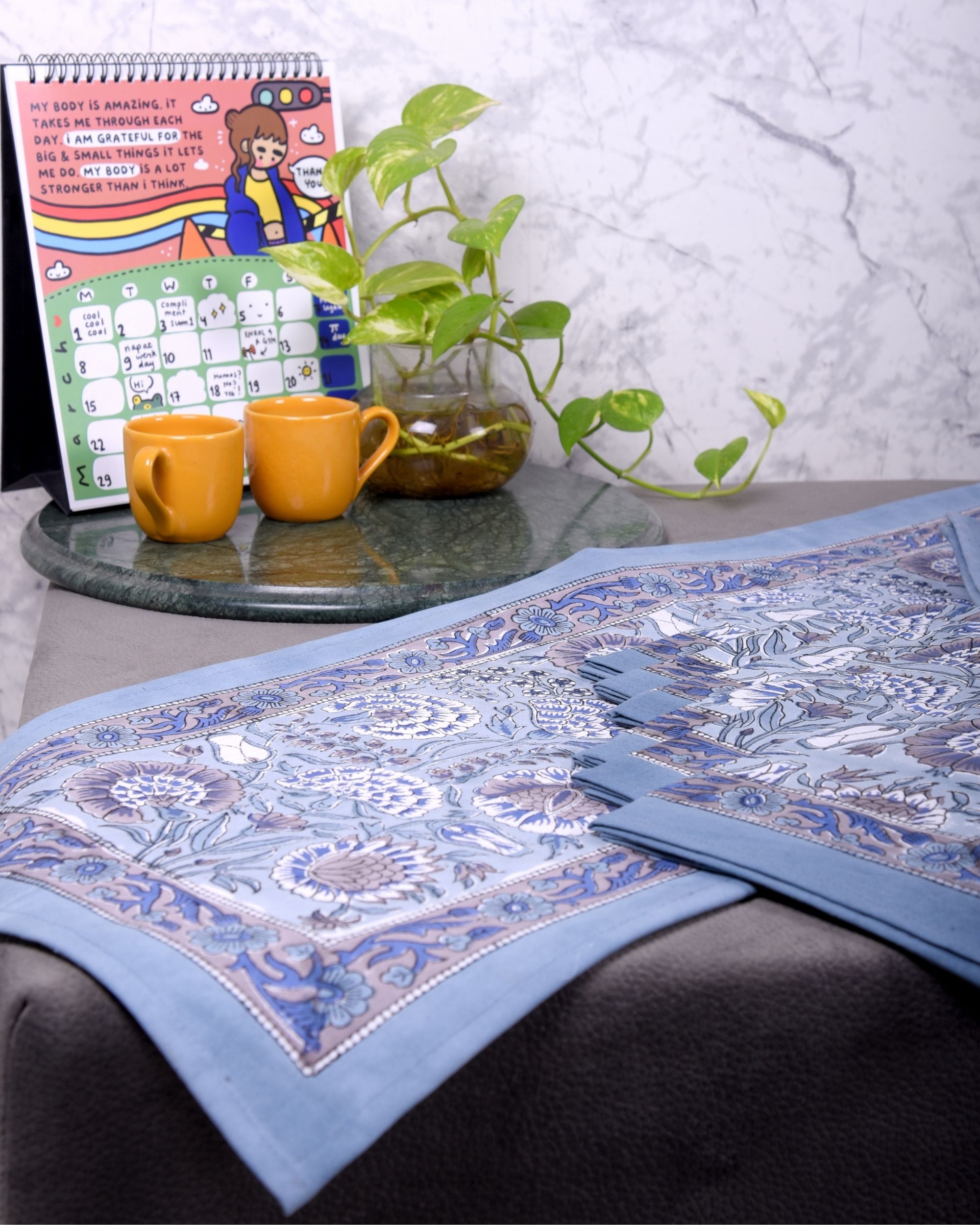 Blue marigold floral table runner, table mats and napkins - set of 13