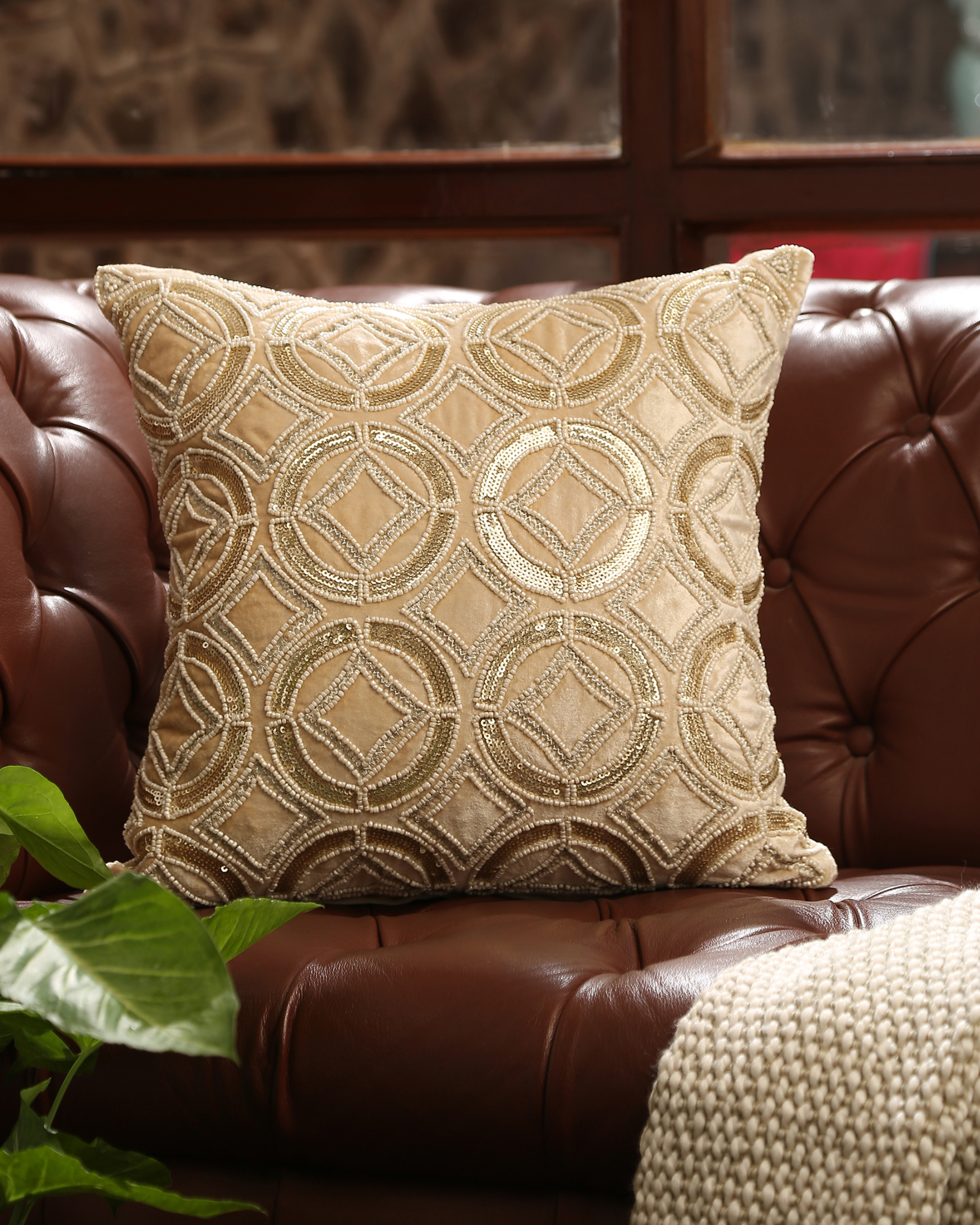Beige beaded accent cushion cover