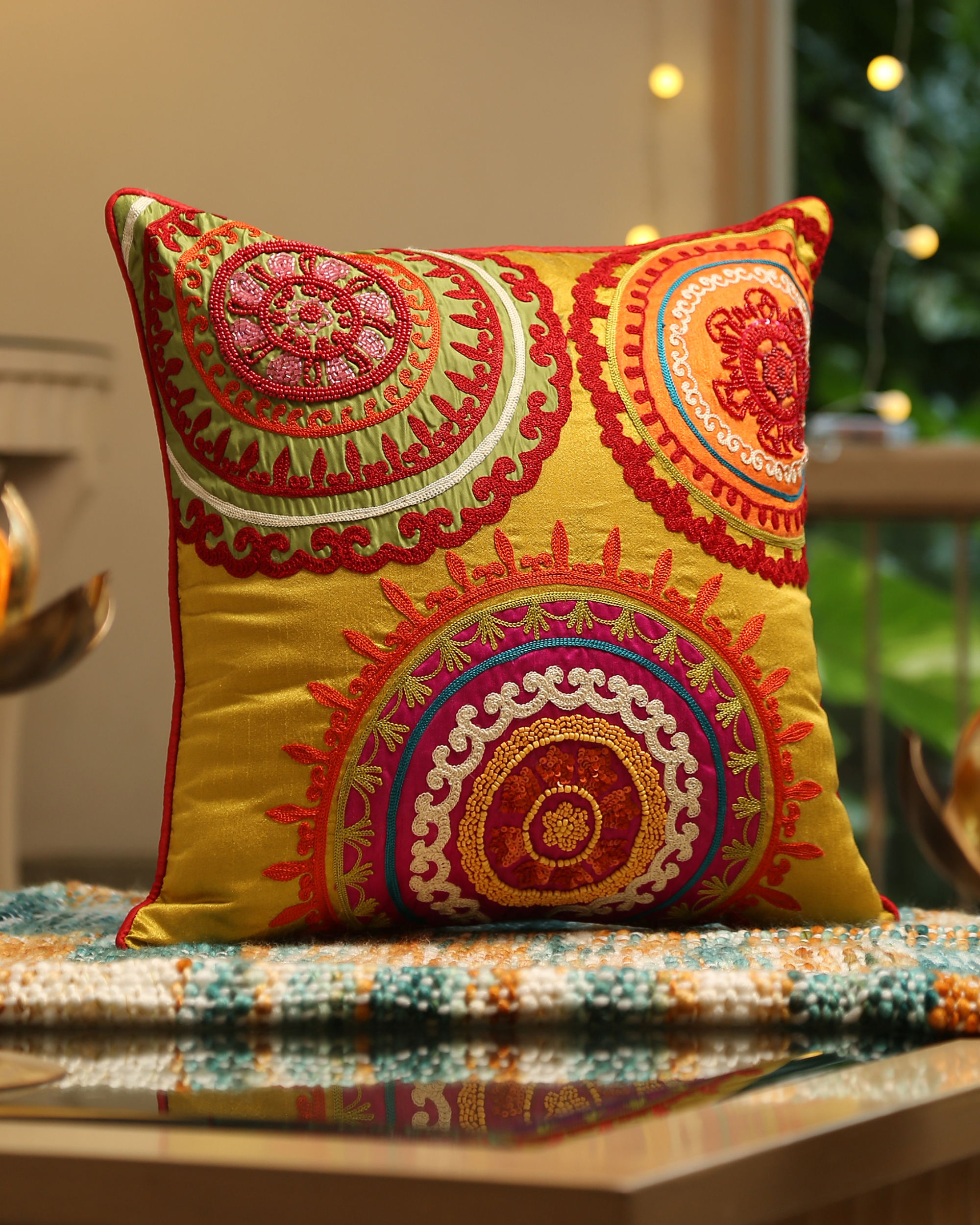 Mustard cushion cover with multicolour embroidery