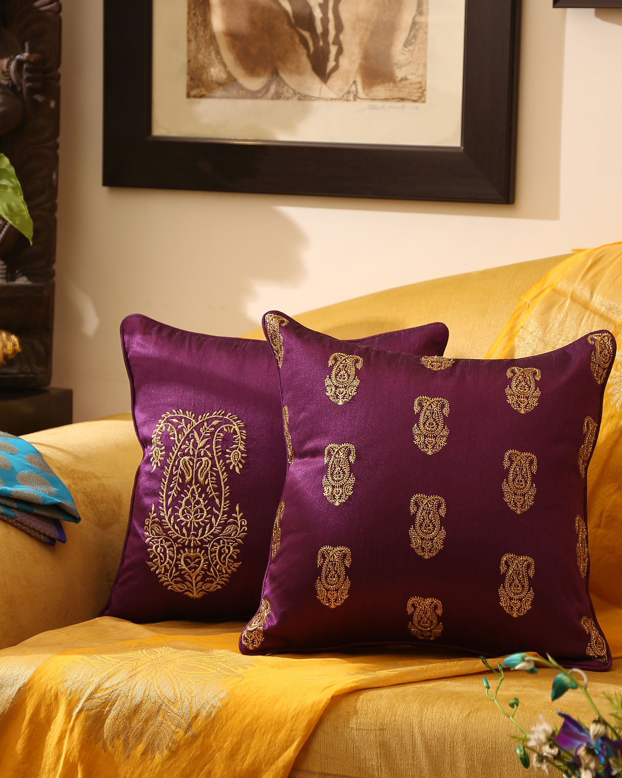 Double paisley foil printed deep purple  cushion covers - set of two