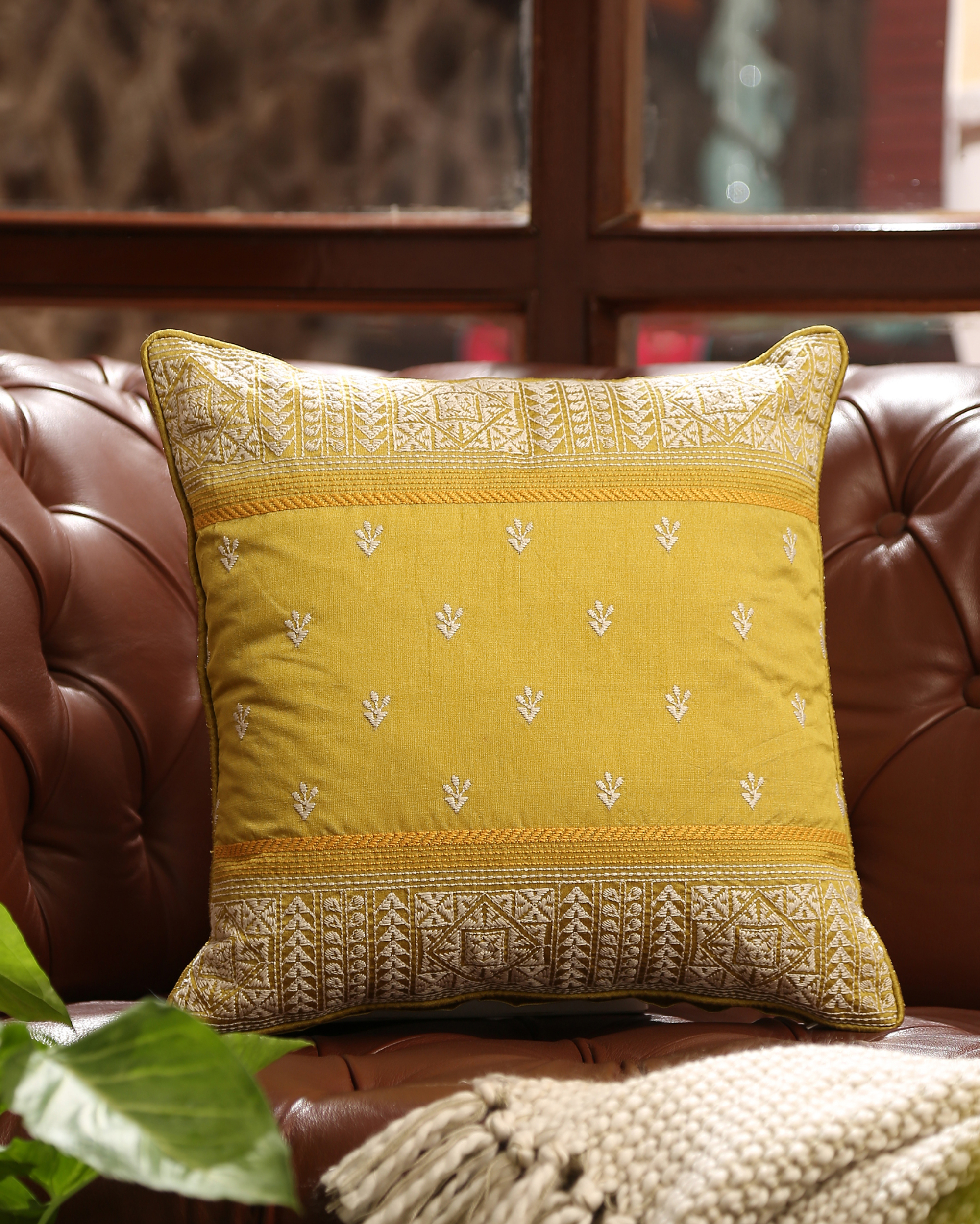 Kantha embroidered yellow cushion cover