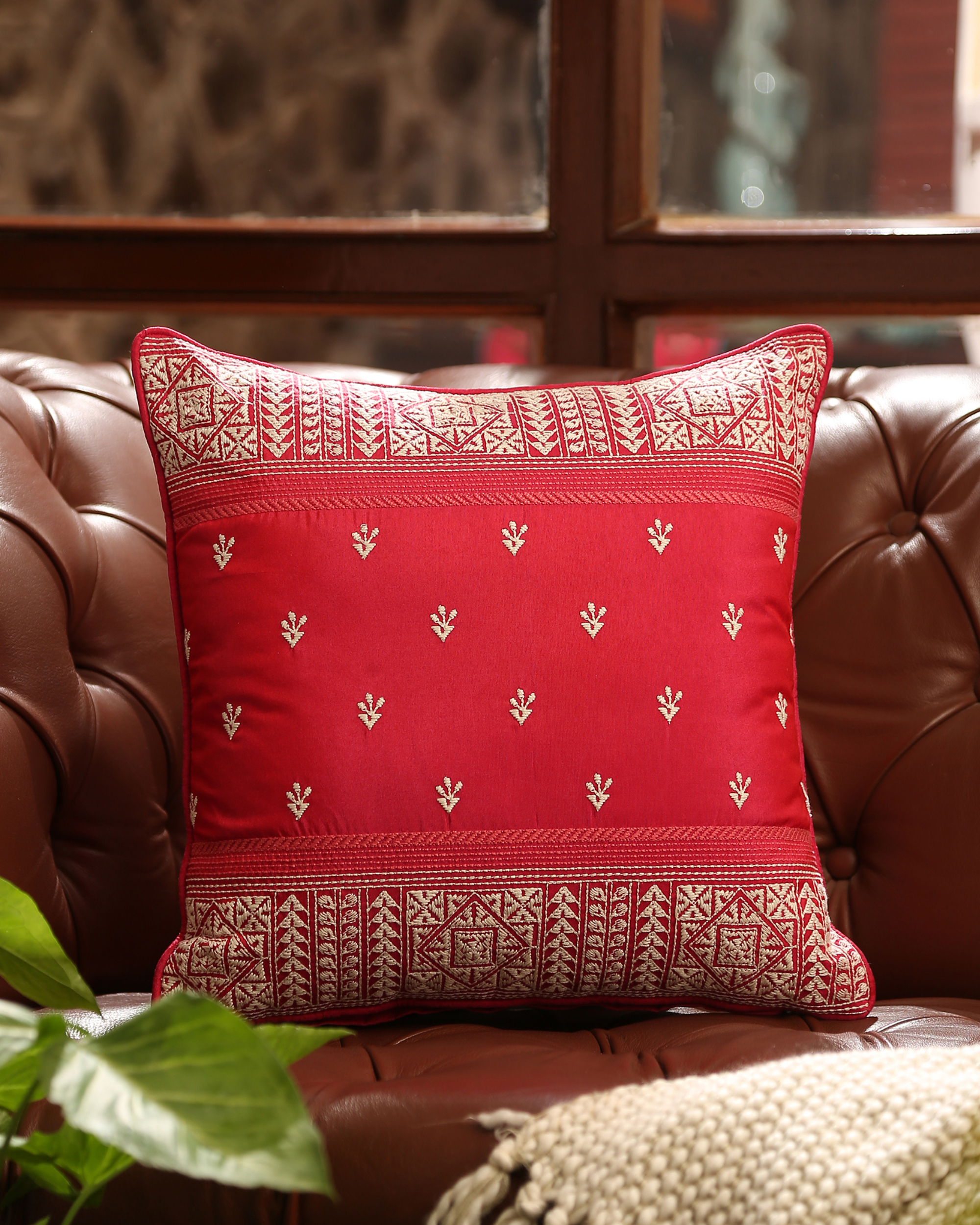 Kantha embroidered fuchsia cushion cover