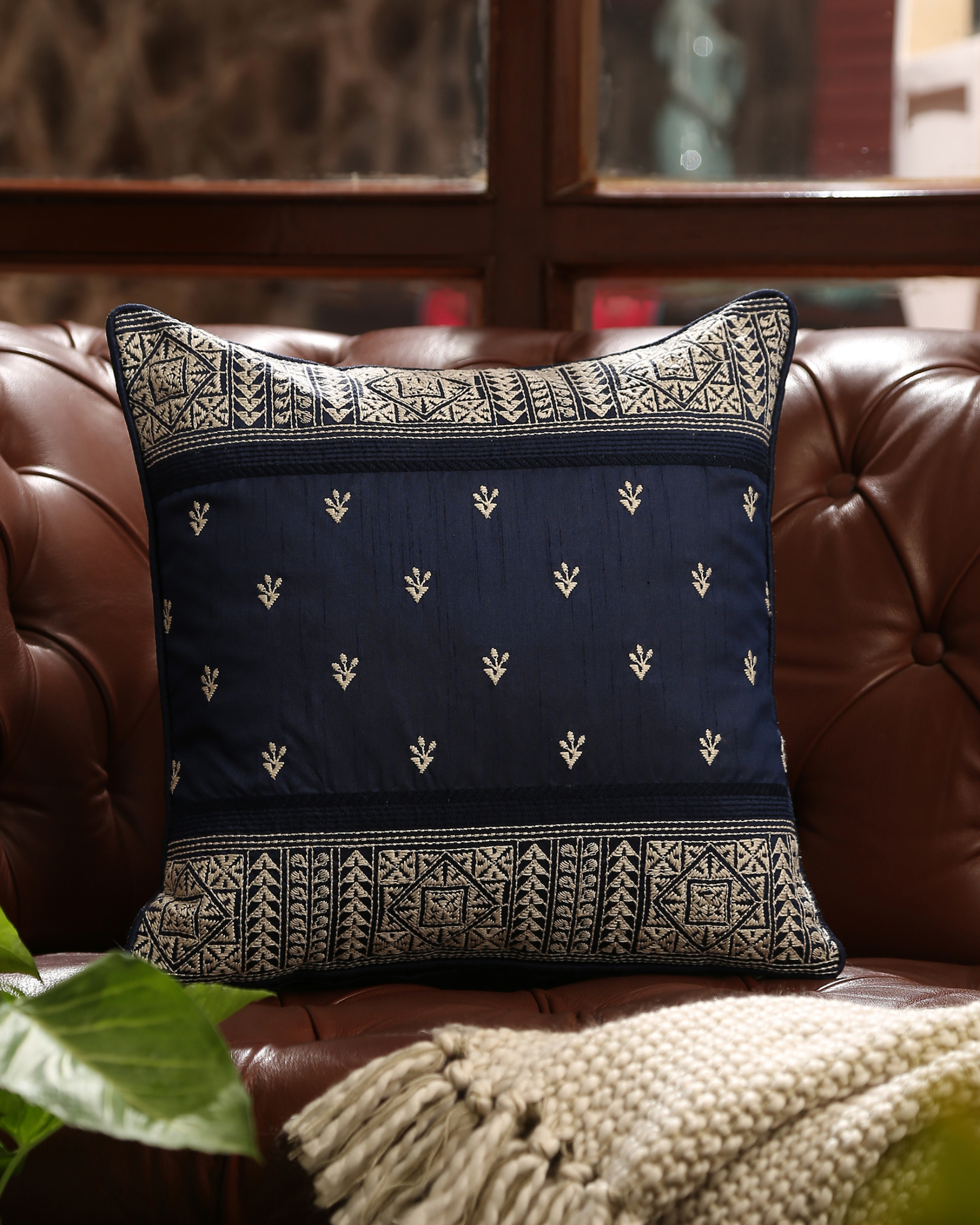 Kantha embroidered navy blue cushion cover