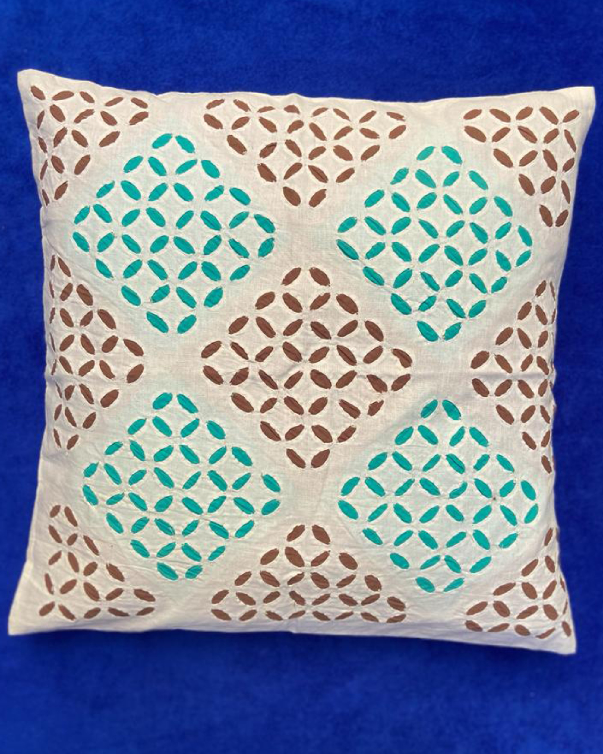 Multicolour applique cutwork cotton cushion cover