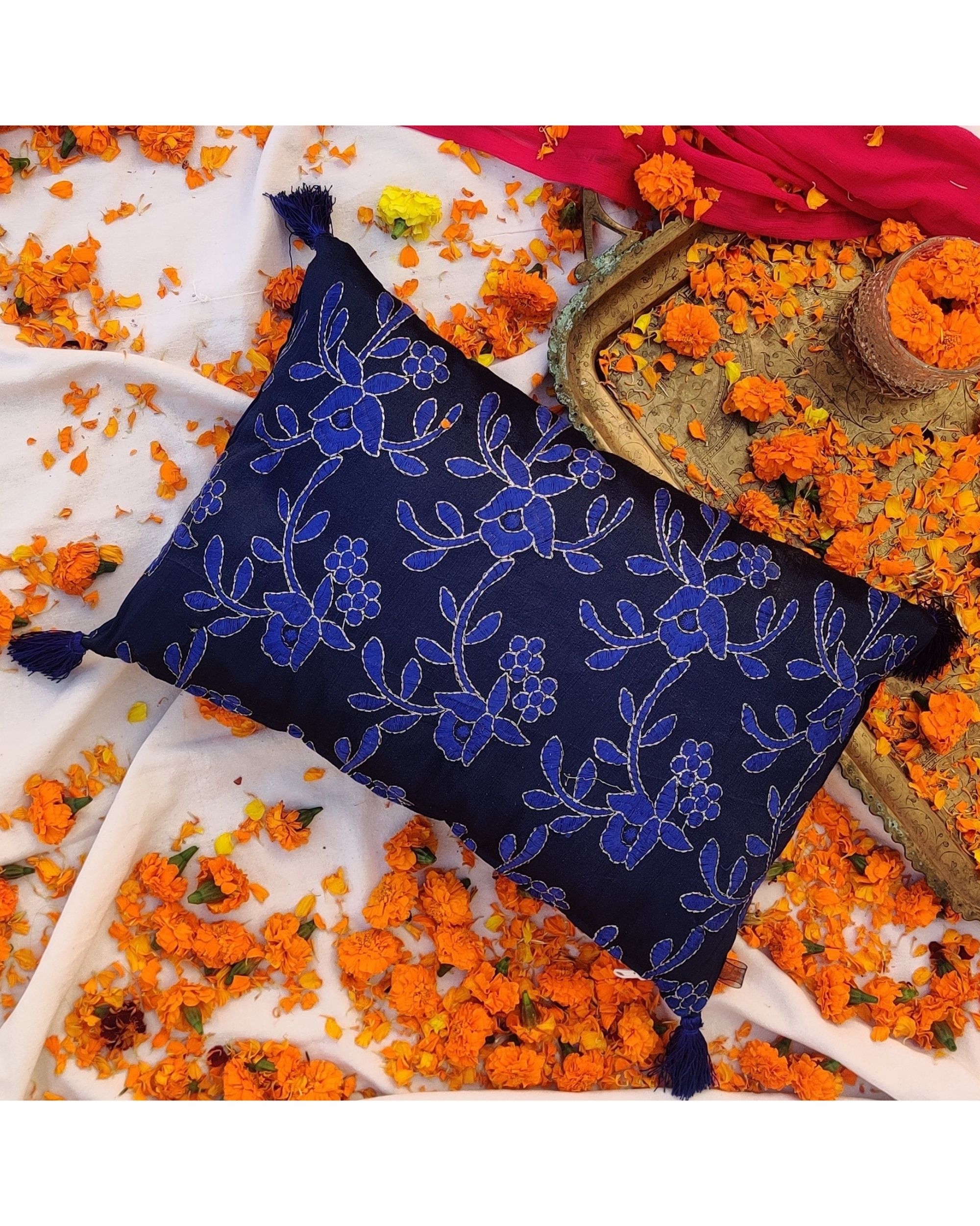 Blue floral embroidery cushion cover