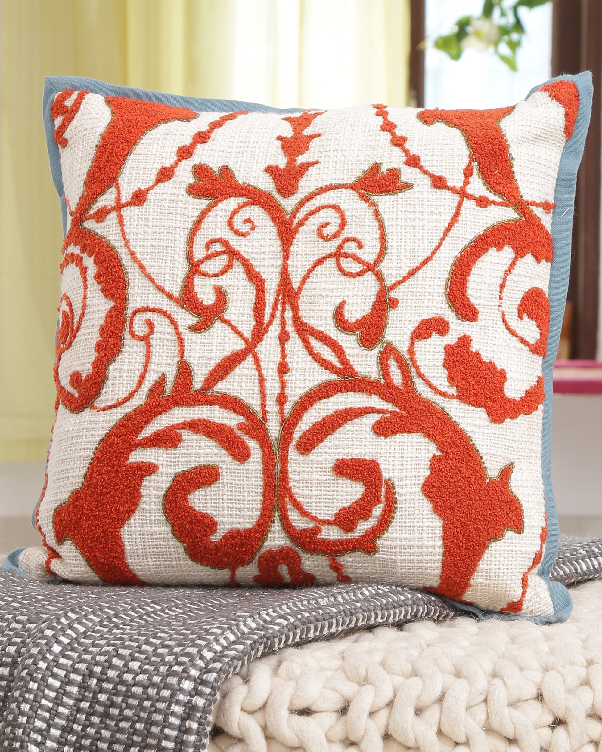 Ivory and orange slub crewel embroidery cushion cover