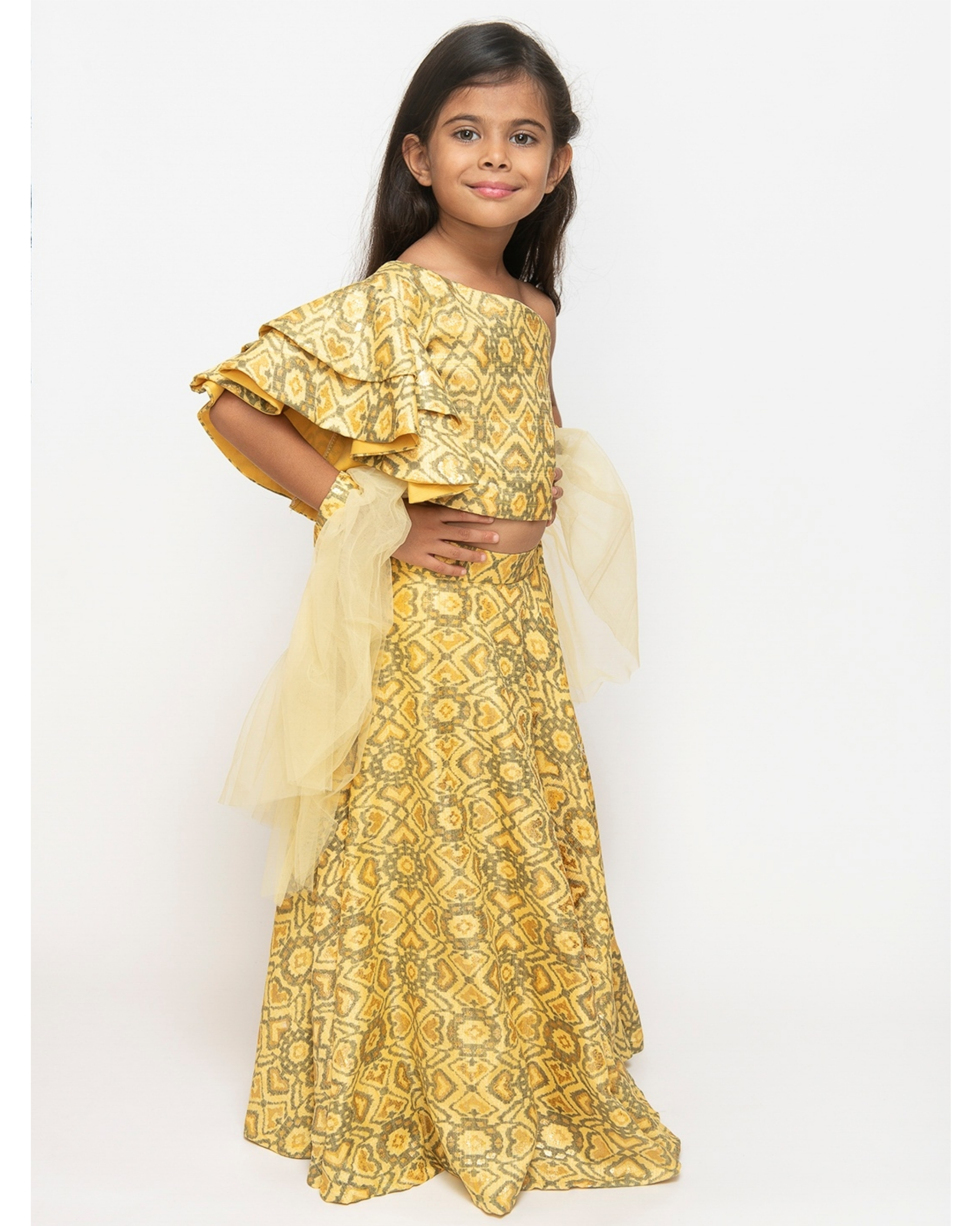 One shoulder yellow printed top with lehenga - set of three by Fairies ...
