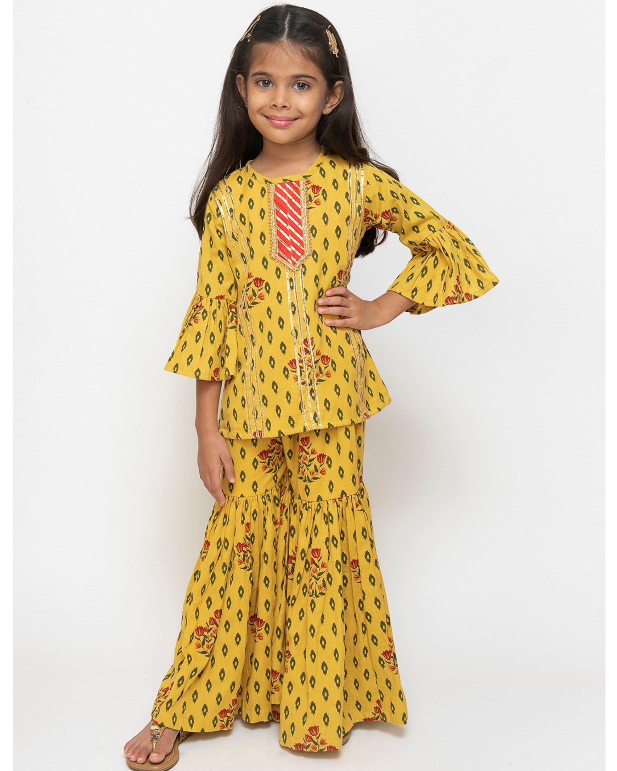 Mustard yellow printed sharara set - set of two by Fairies Forever ...