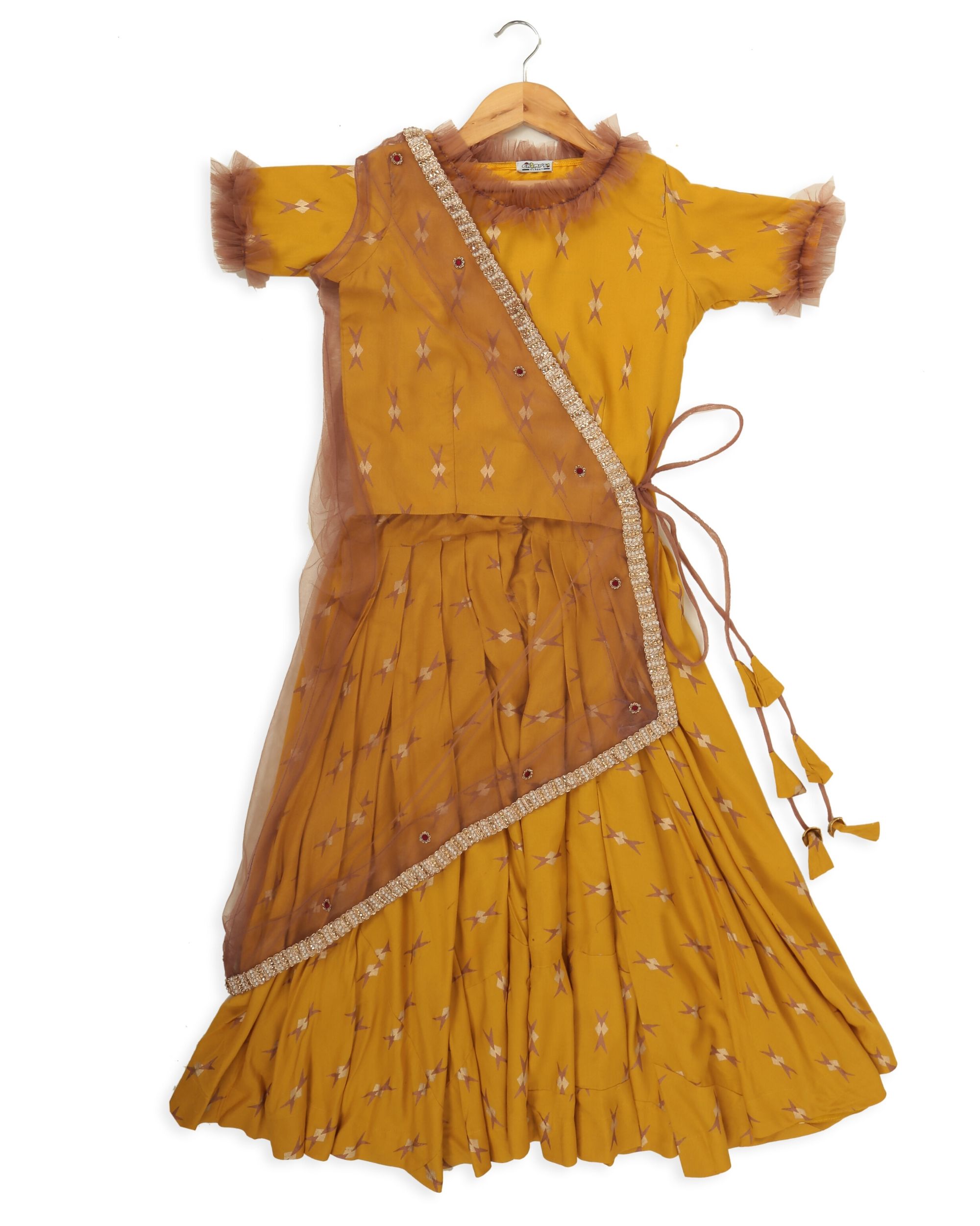 Mustard yellow and brown ghagra set with net jacket - set of three