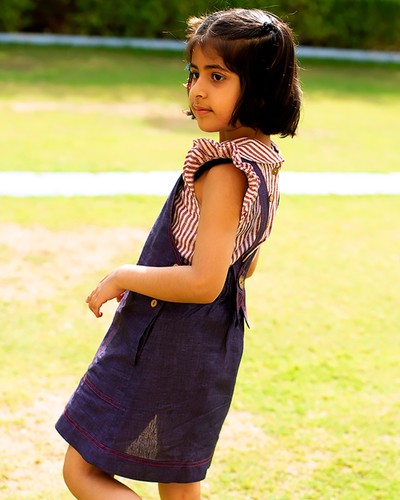 Indigo pinafore embroidered dress by Khela Kids | The Secret Label