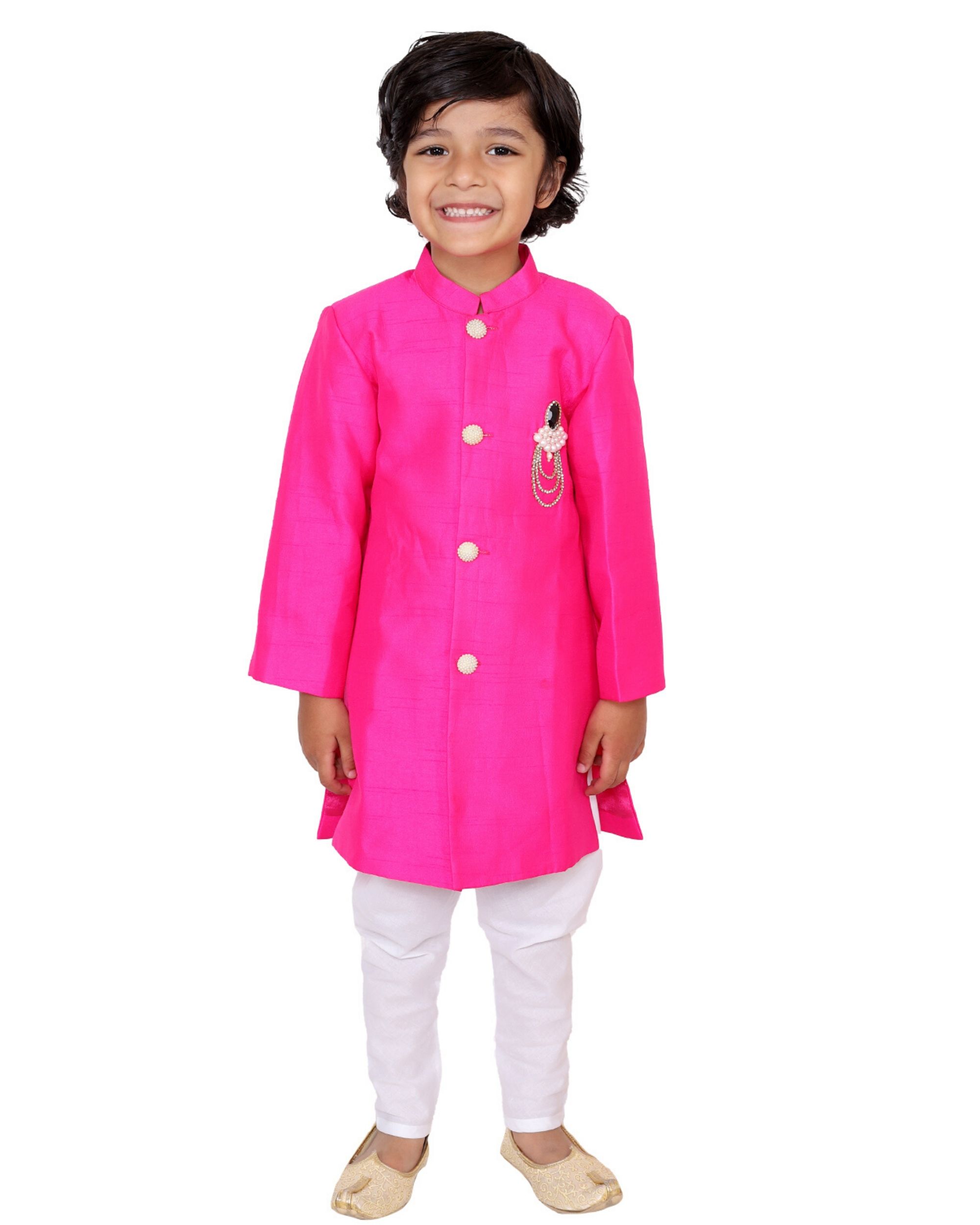 Pink pearl motif sherwani and pants- Set Of Two by Tiny Pants | The