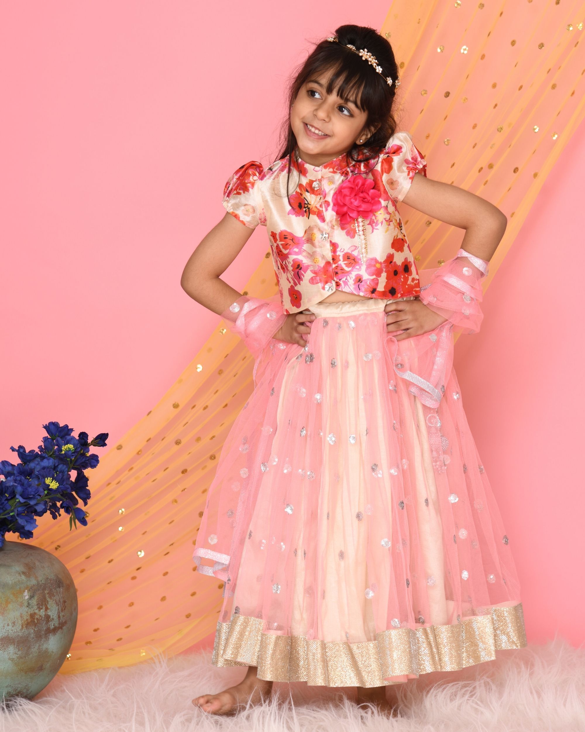 Buy Saka Designs By Sapna Sleeveless Bandhej And Floral Motif Printed  Lehenga Choli With Dupatta Grey & Magenta for Girls (4-5Years) Online in  India, Shop at FirstCry.com - 14490505
