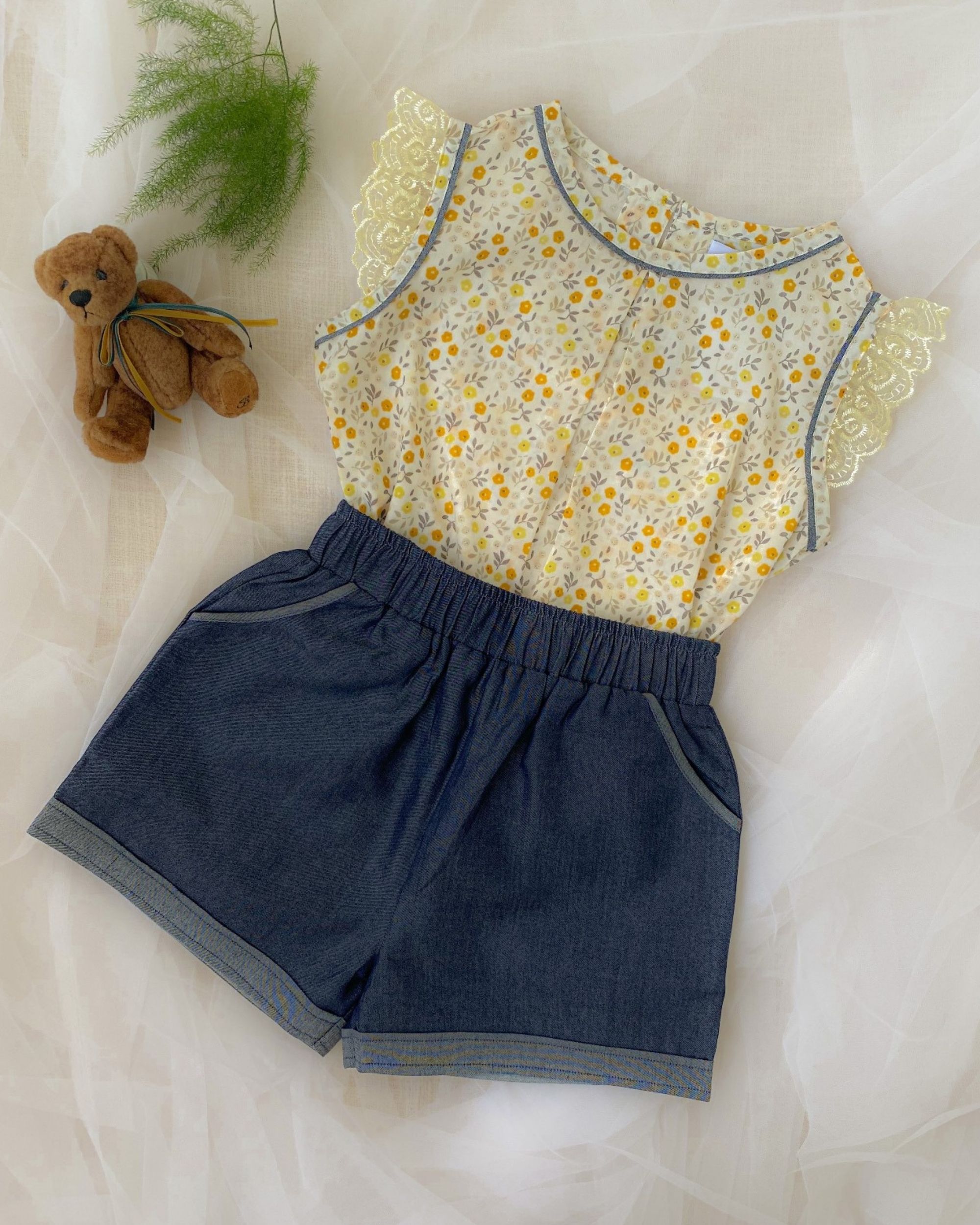 Yellow floral printed lace detailed top with denim shorts - set of two
