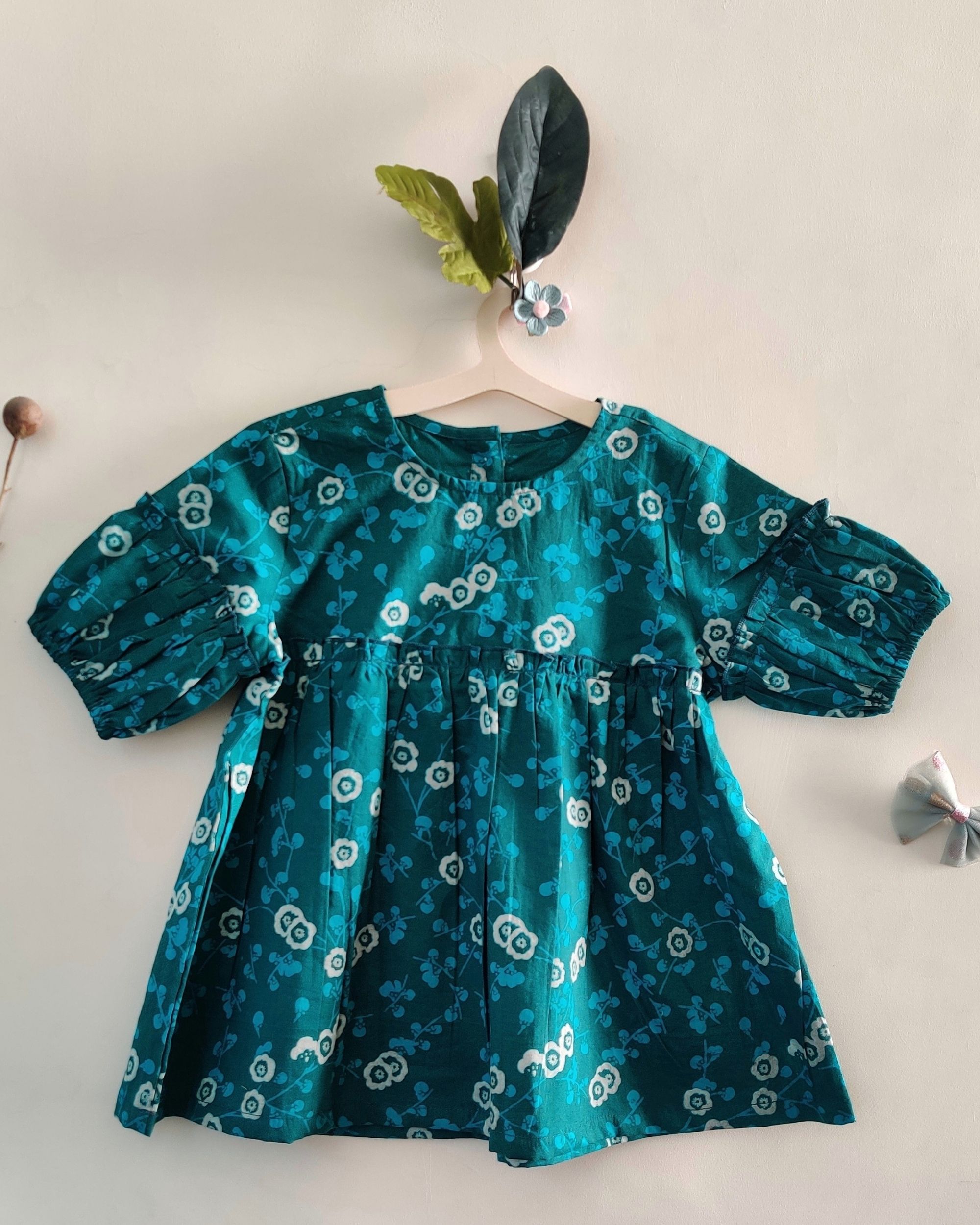 Blue block printed sleeve detailed dress