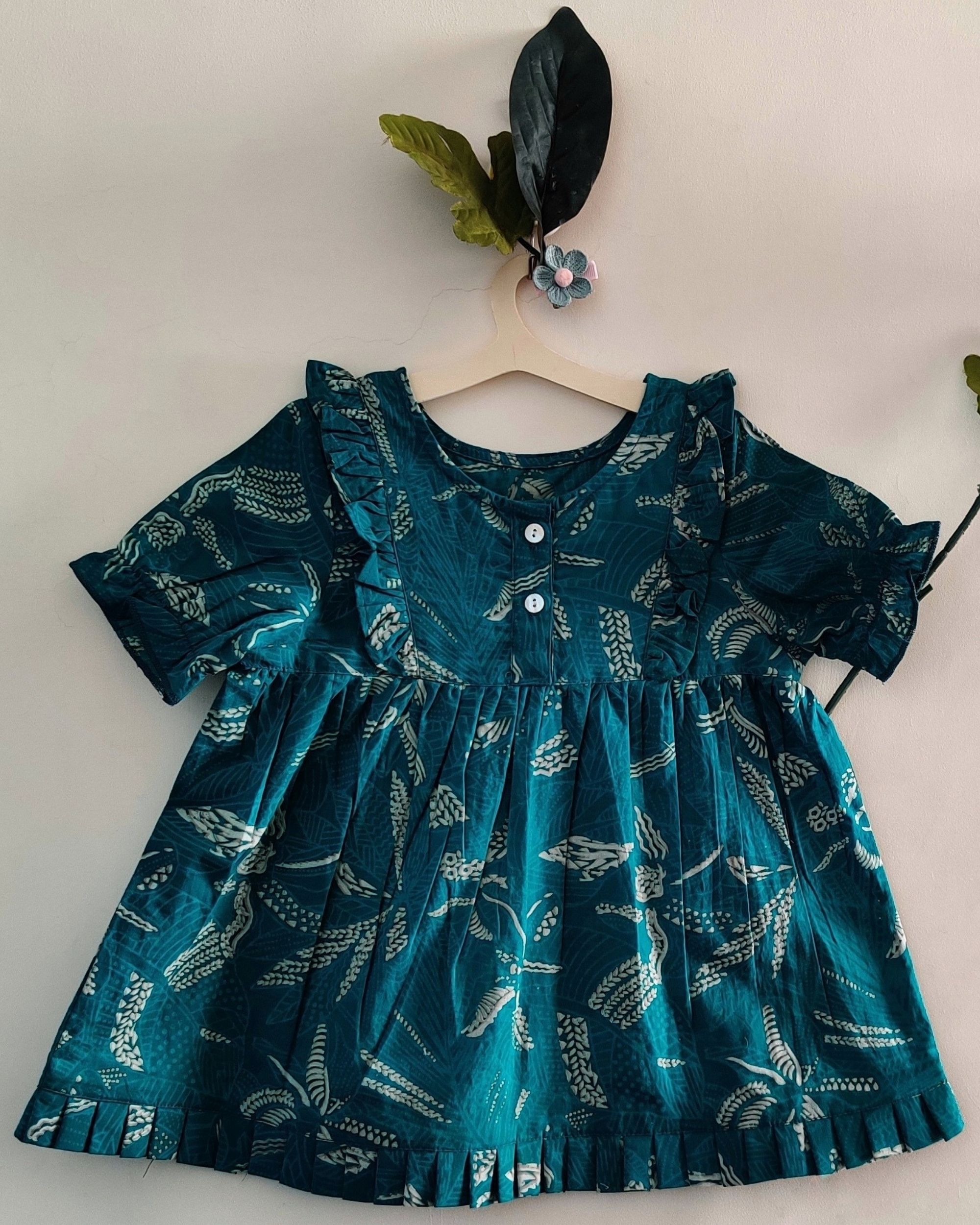 Blue block printed frilled dress