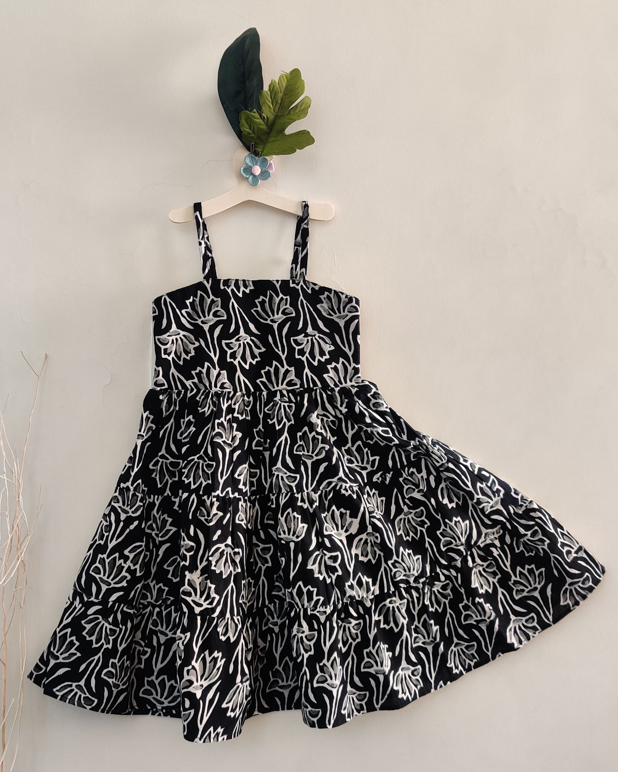 Black block printed tiered dress