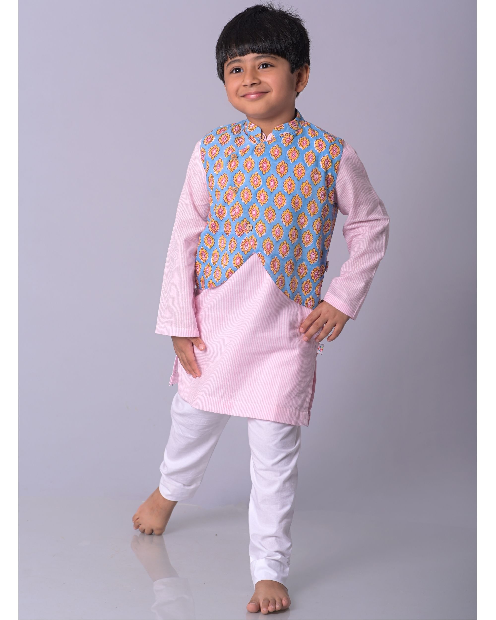 Pink striped kurta with white pants and blue hand block printed jacket - set of three