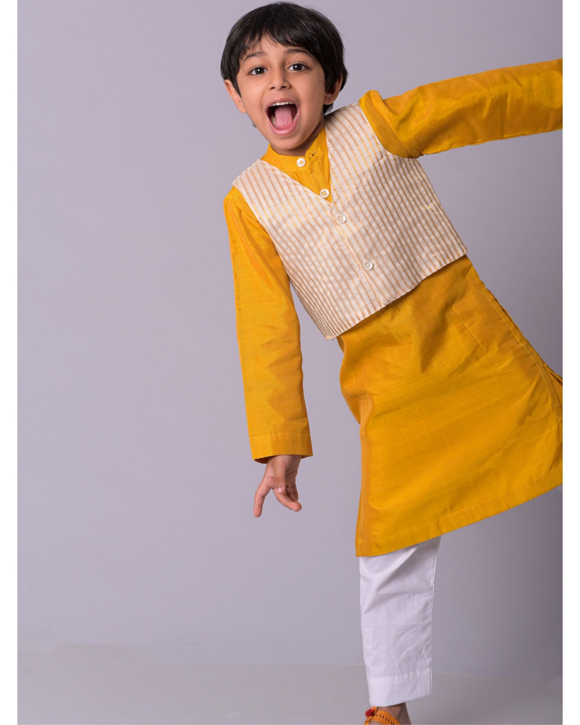 Mustard silk kurta with white pants and  zari maheshwari striped jacket - set of three
