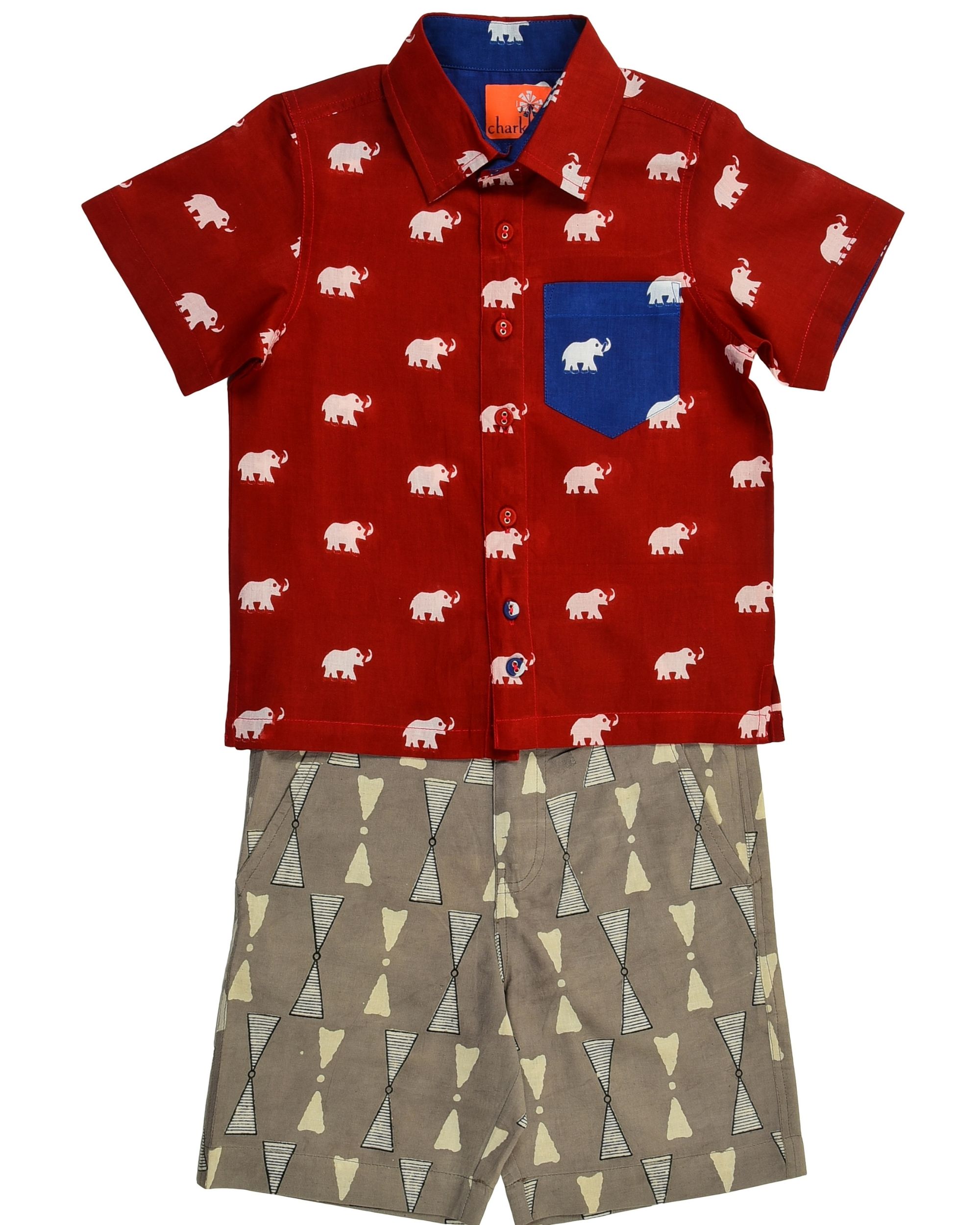 Red elephant printed shirt with grey shorts - set of two