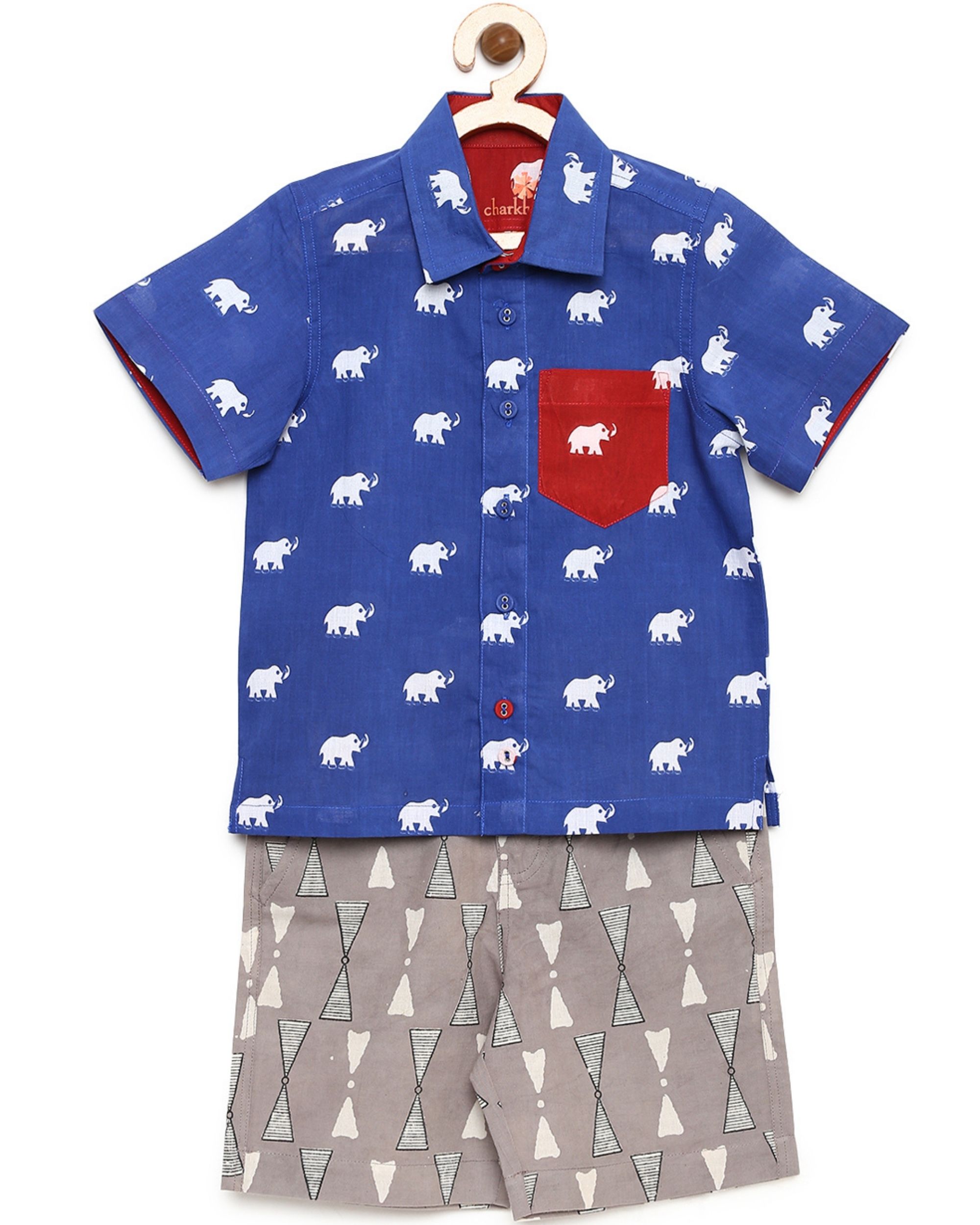 Blue elephant printed shirt with grey shorts - set of two