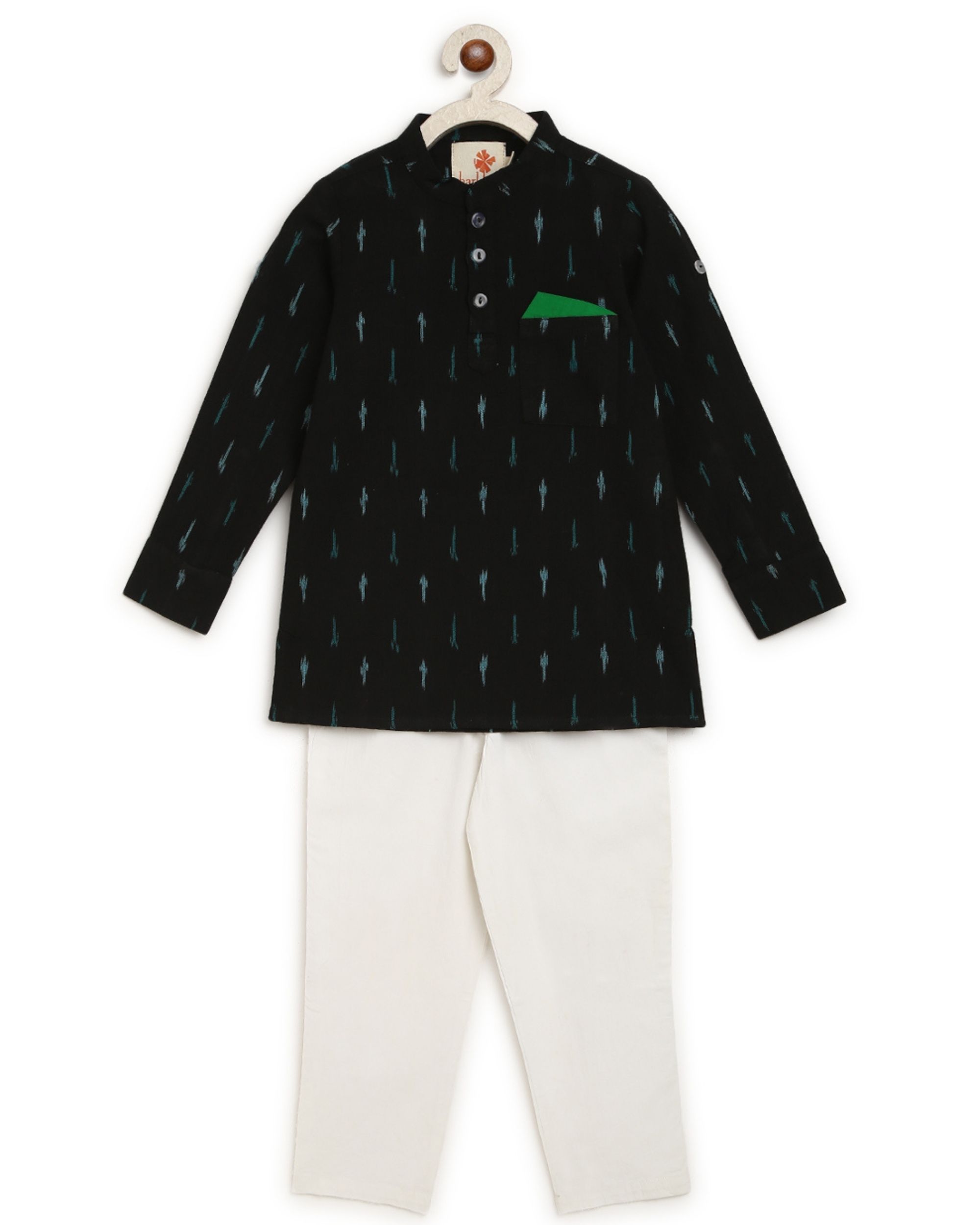 Black ikat kurta with white  pyjama - set of two