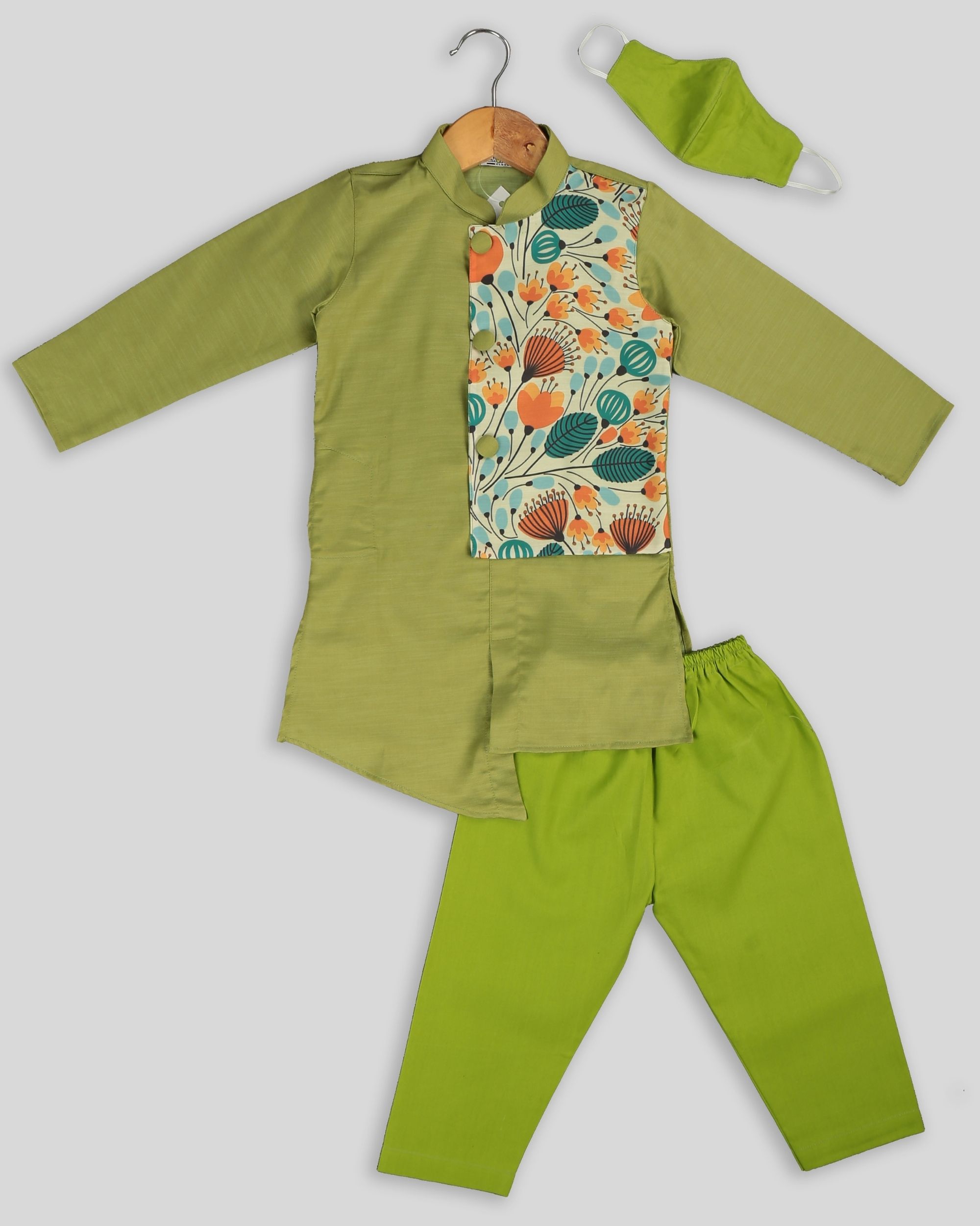 Pista green kurta and pants with floral printed half jacket and mask- set of three