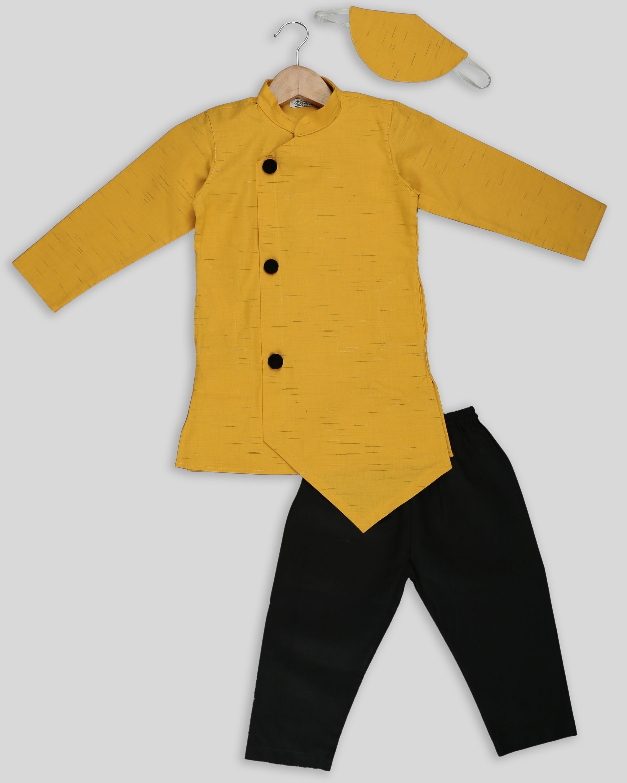Yellow asymmetric kurta and mask with black pants - set of three