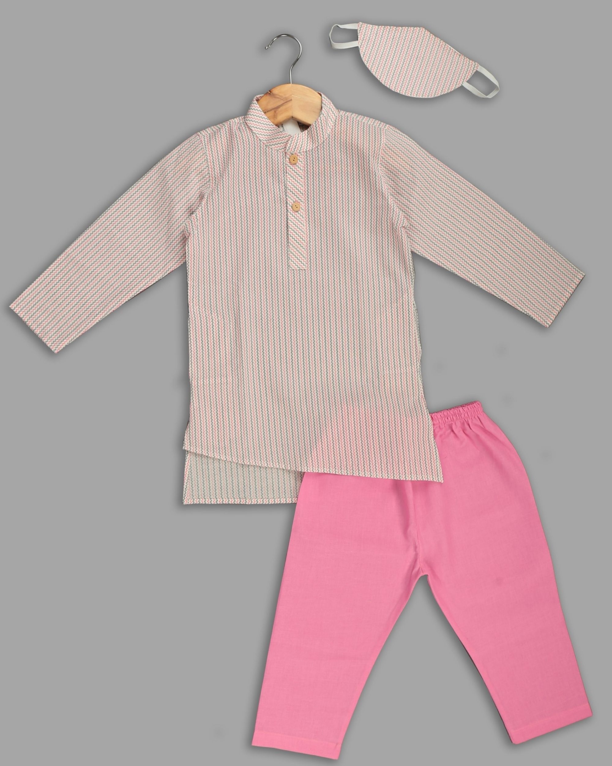 Pink and white zig zag kurta and mask with pink pants - set of three