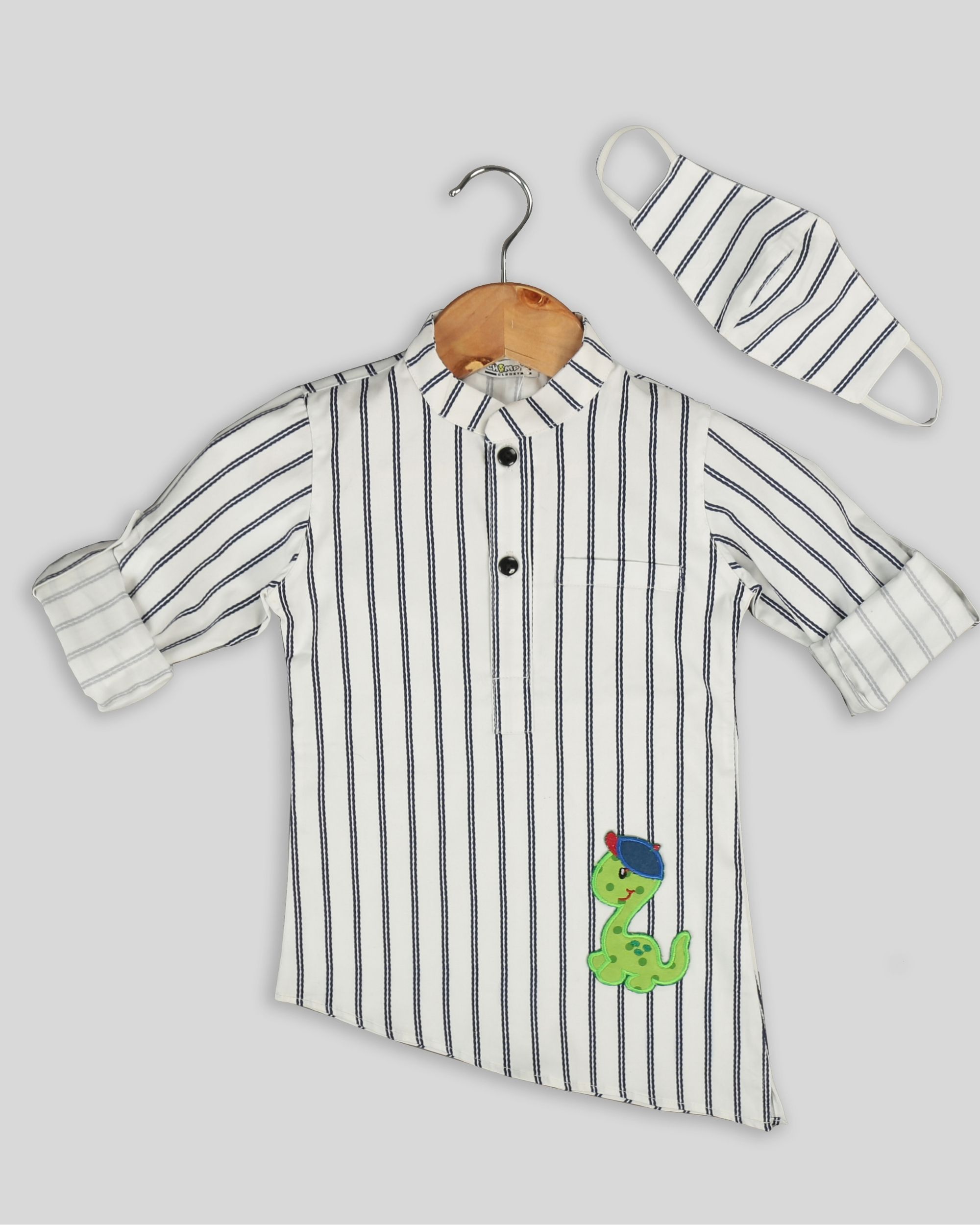 Blue and white striped assymetrical kurta style shirt with mask - set of two