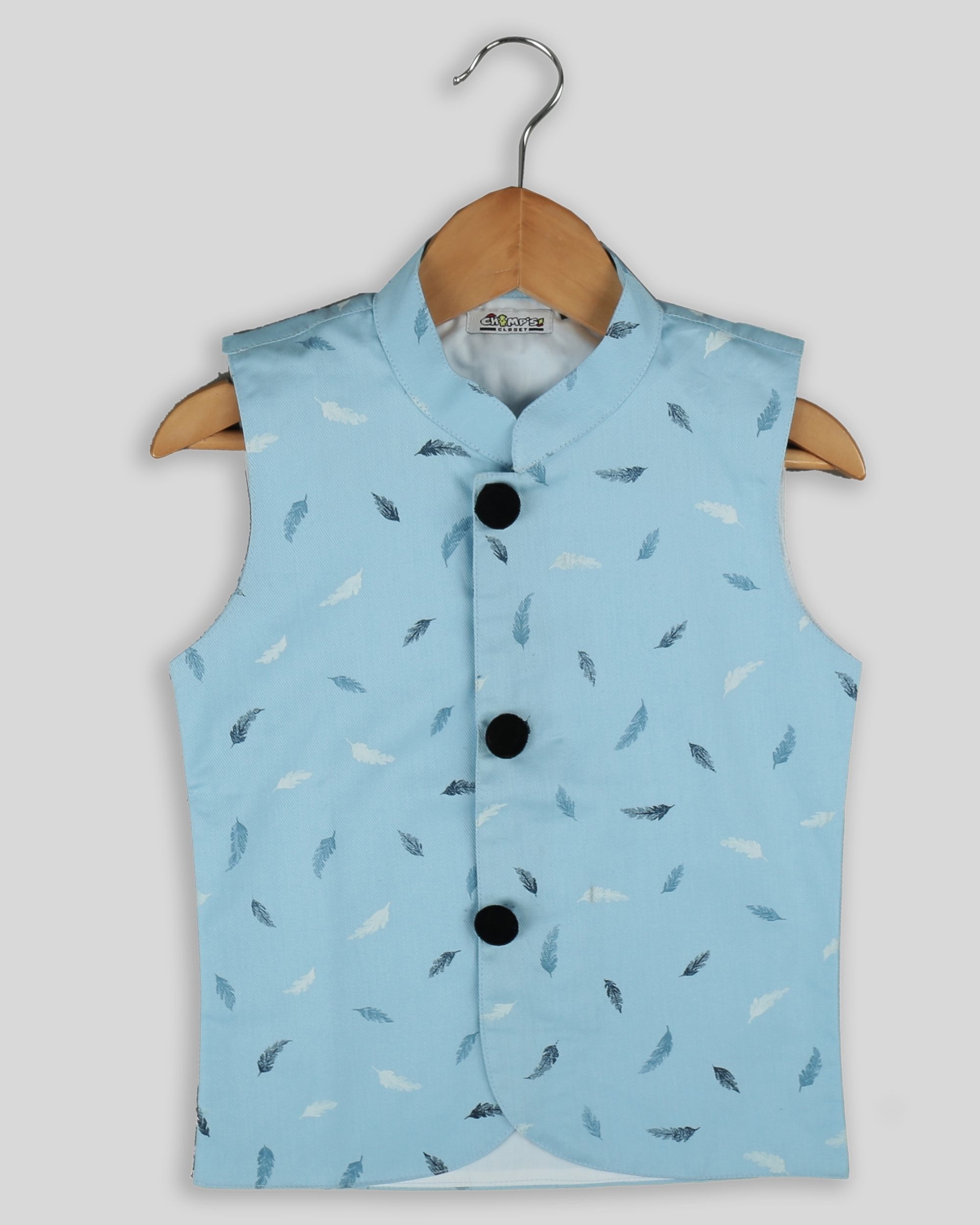 Baby blue feather printed waist coat