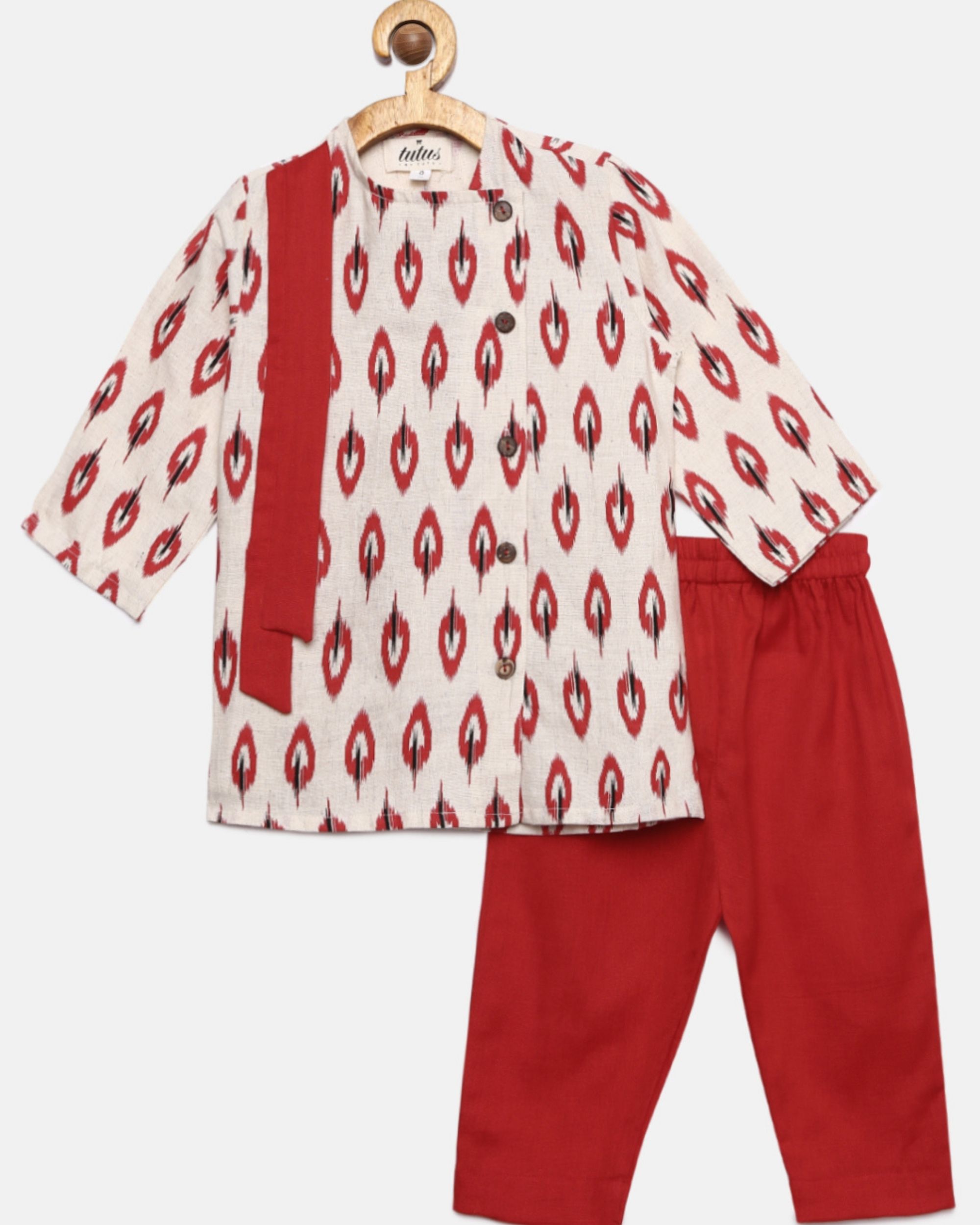 Red and cream asymmetric ikat printed kurta and pyjama - set of two