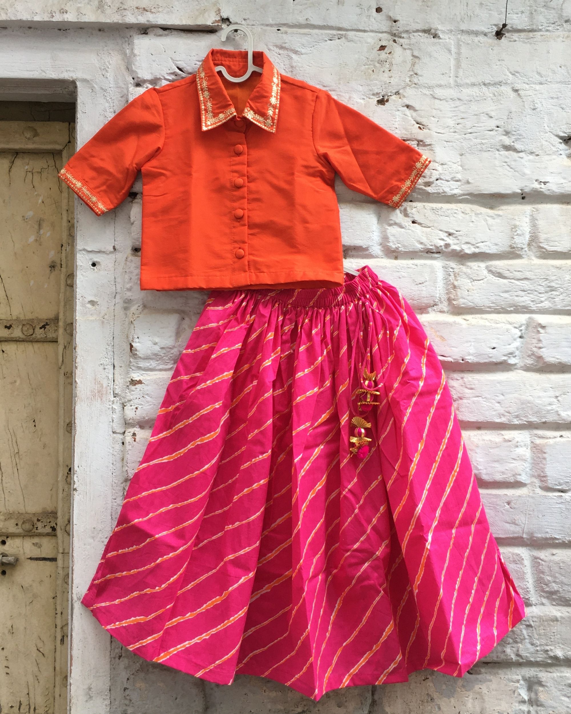 Orange pithen work top and pink leheriya lehenga - set of two