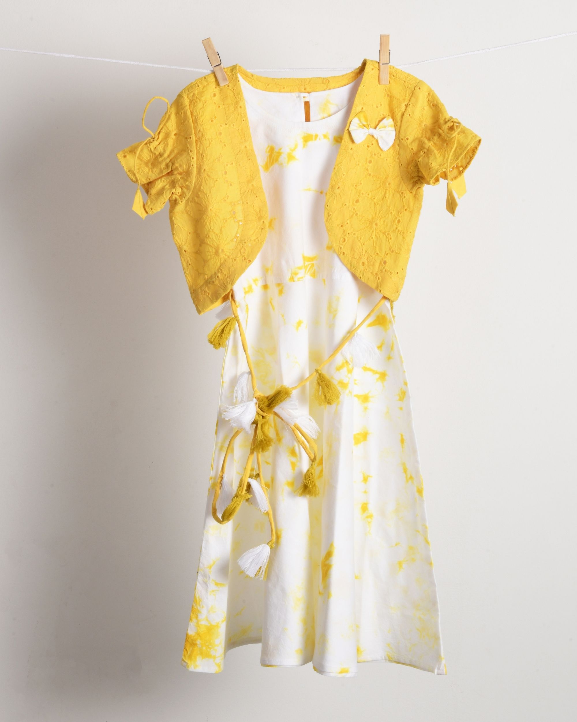 White marble textured dress with yellow jacket - set of two