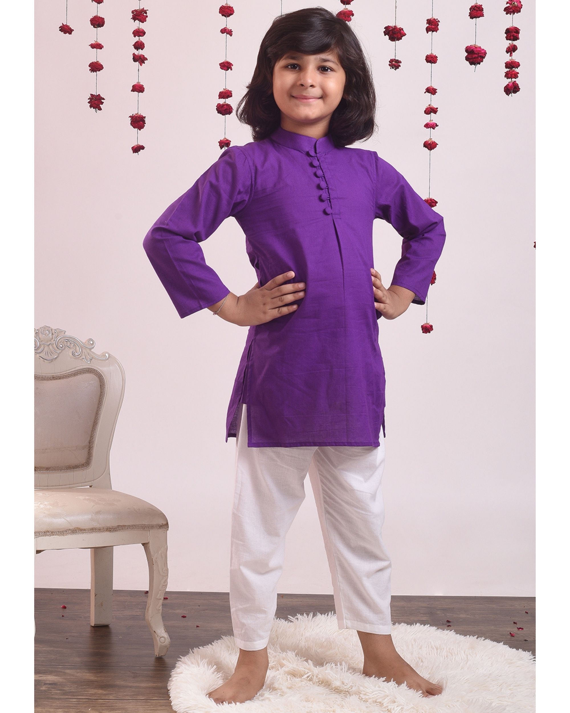 Violet cotton kurta with pants - set of two