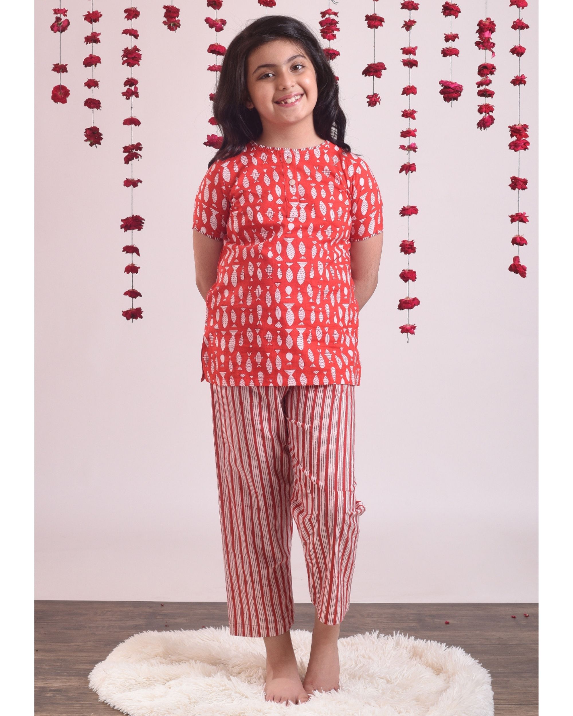Red fish printed top with striped pants - set of two