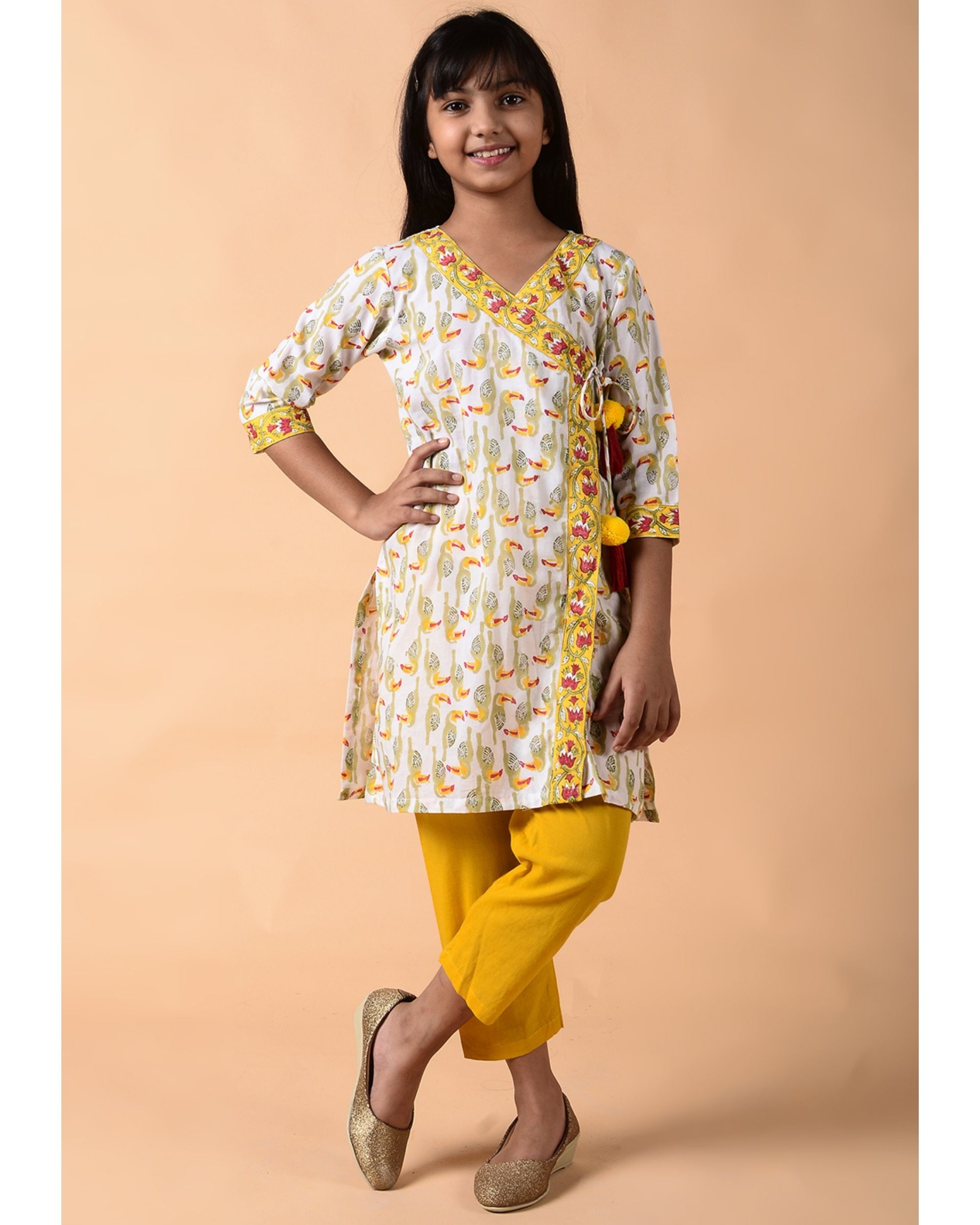 White and yellow printed angrakha kurta with pants - set of two