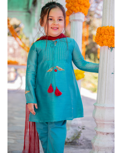 Teal pintuck kurta set - set of three by Mr.Brat | The Secret Label