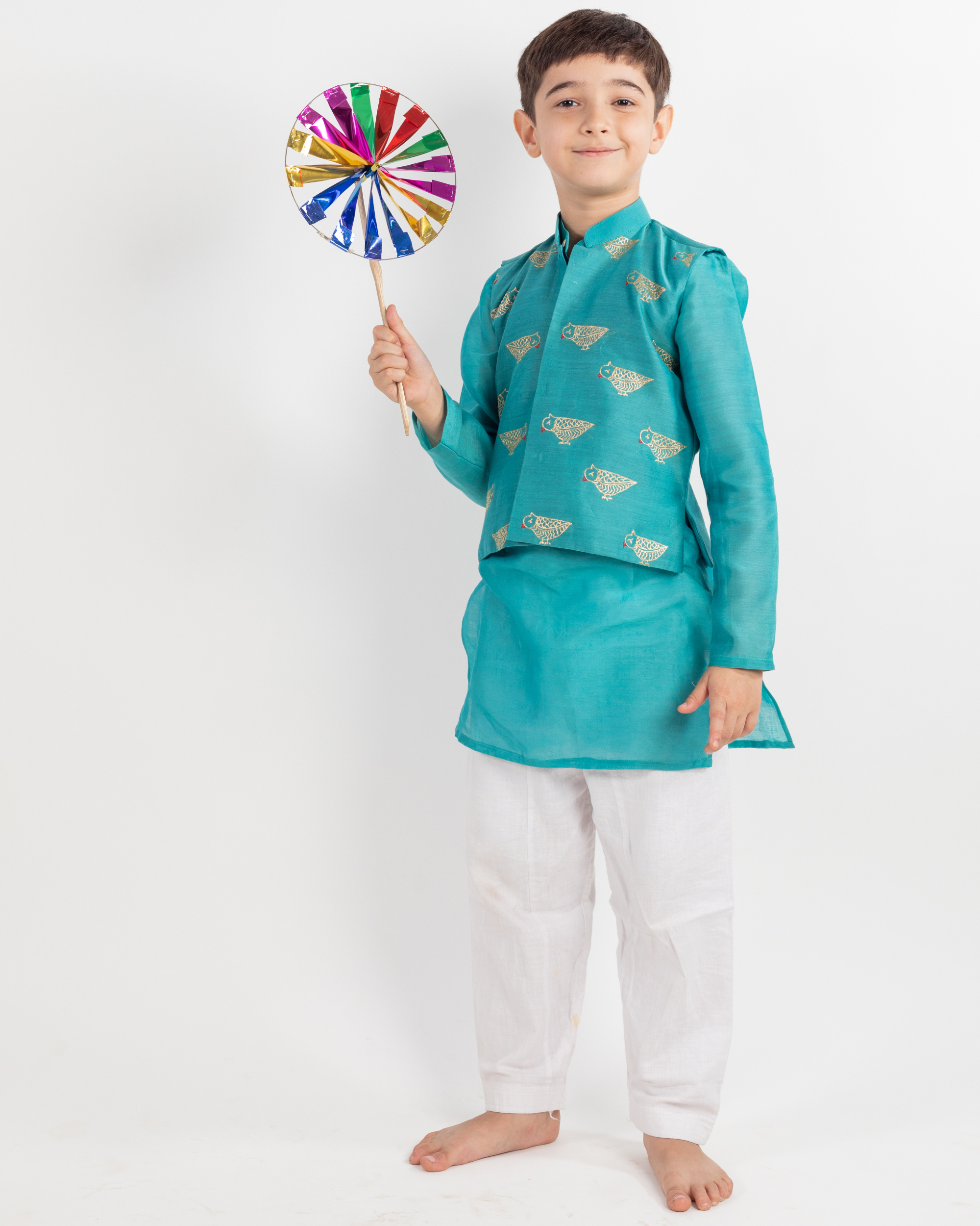 Teal blue embroidered kurta with pyjama and jacket set - set of three
