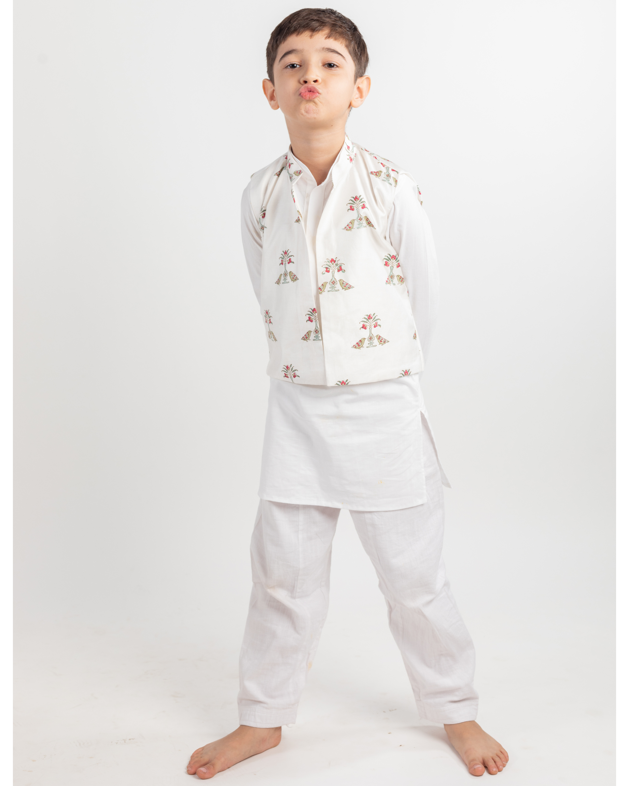 White birdkurta with pyjama and jacket set - set of three