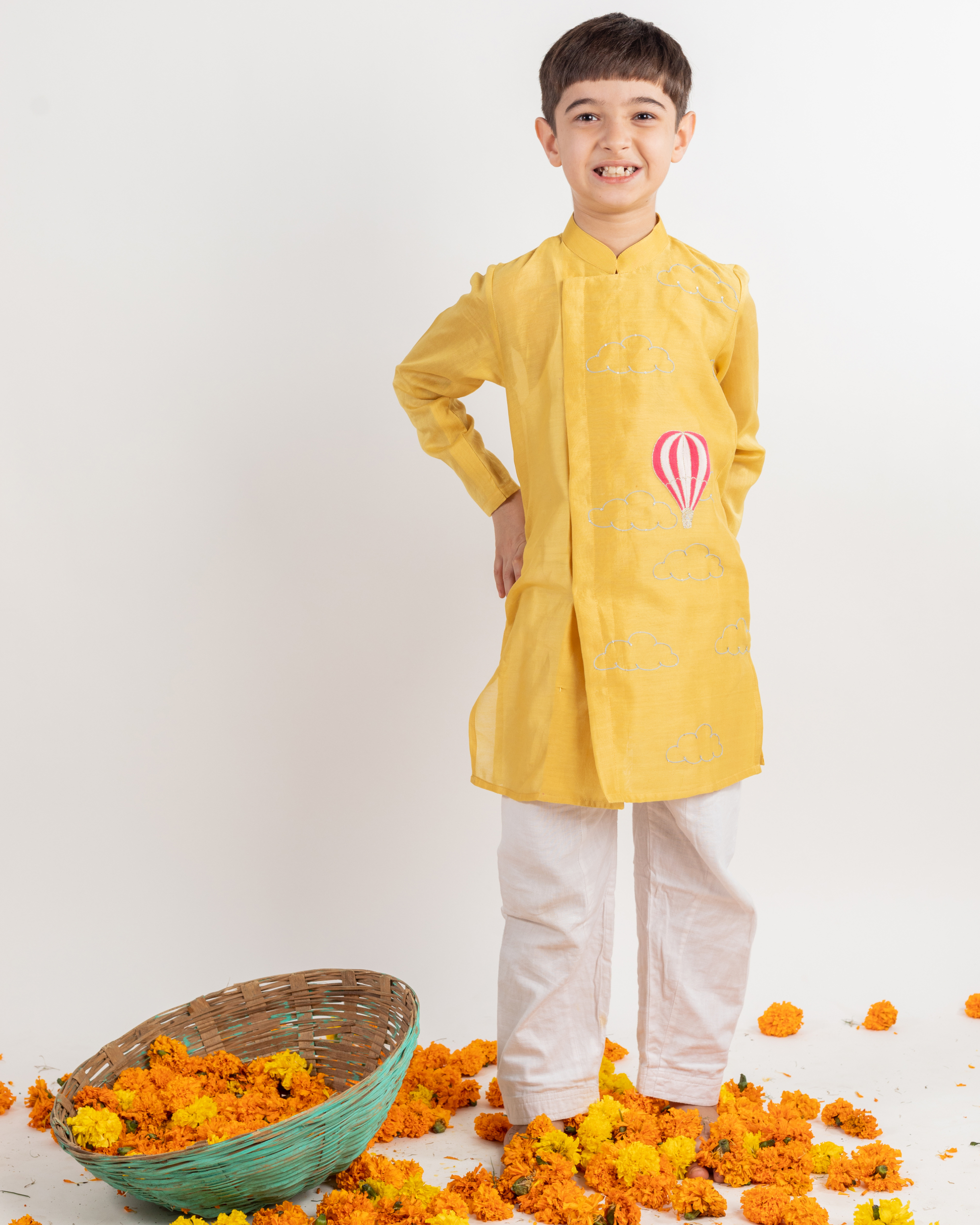 Yellow embroidered kurta set - set of two