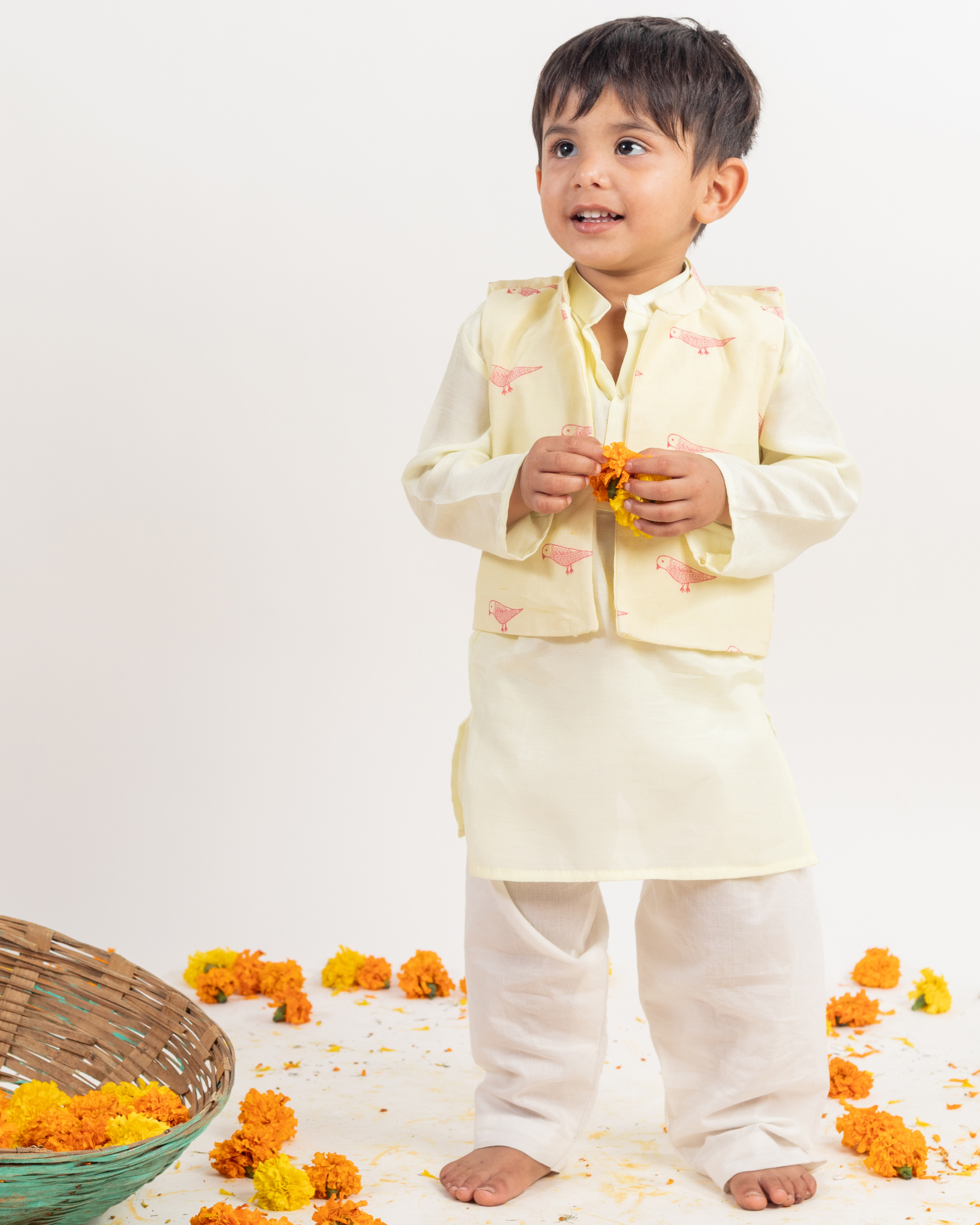 Off-white block print kurta with pyjama and jacket set- set of three