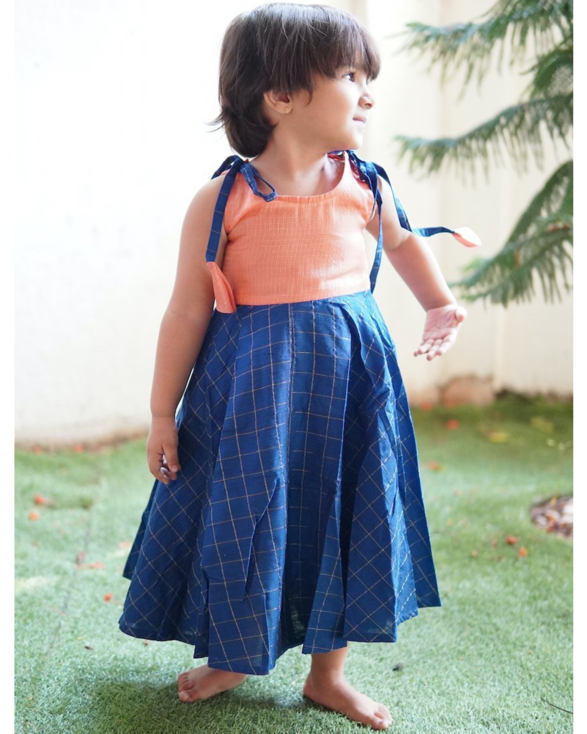 Peach and blue checkered silk frock