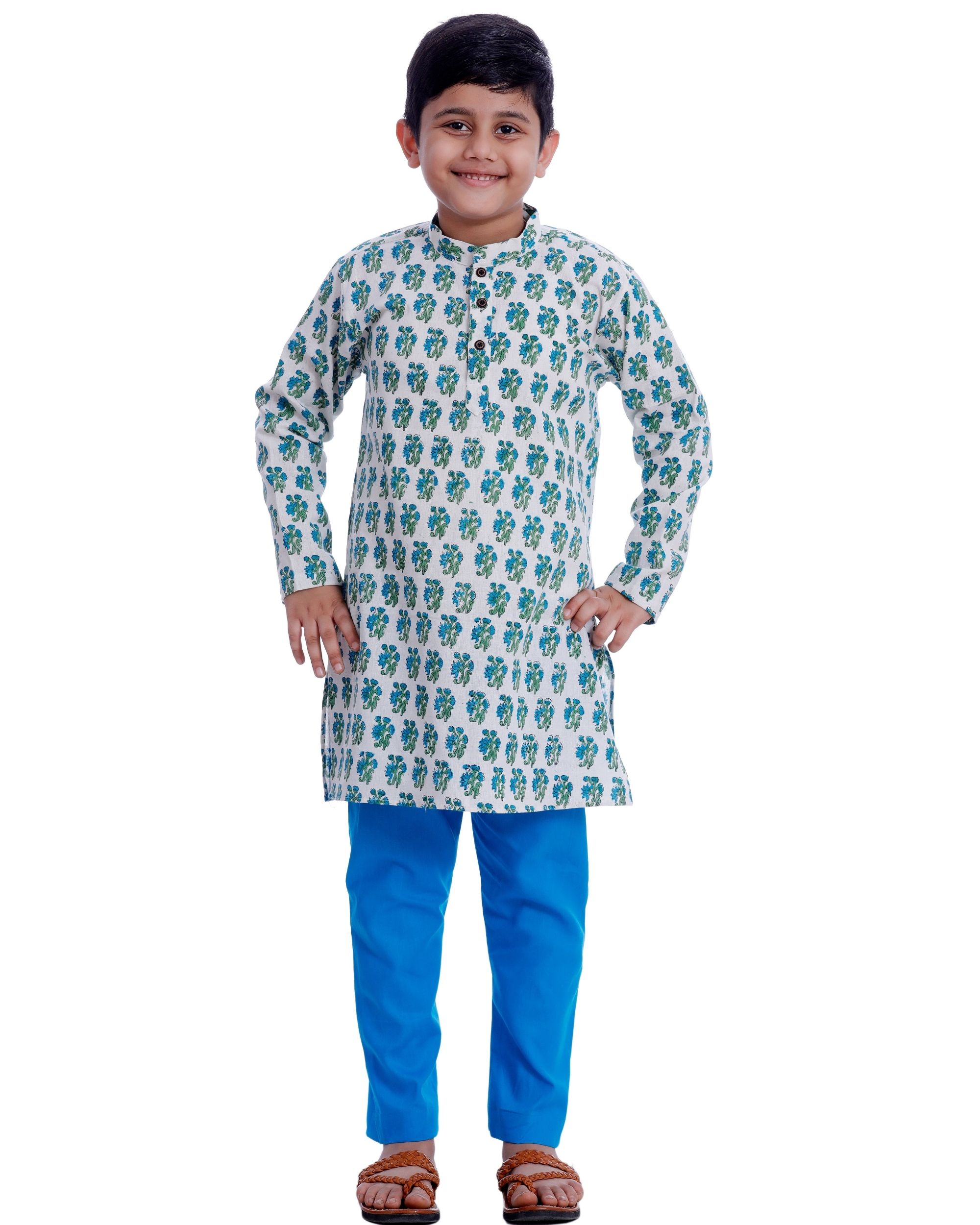 White and blue printed kurta pyjama - set of two