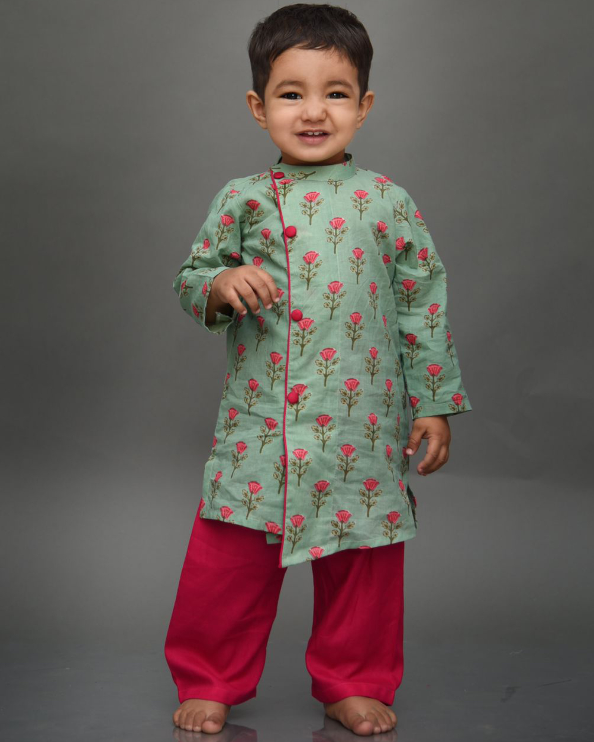 Green and red block printed kurta-pyjama set - set of two